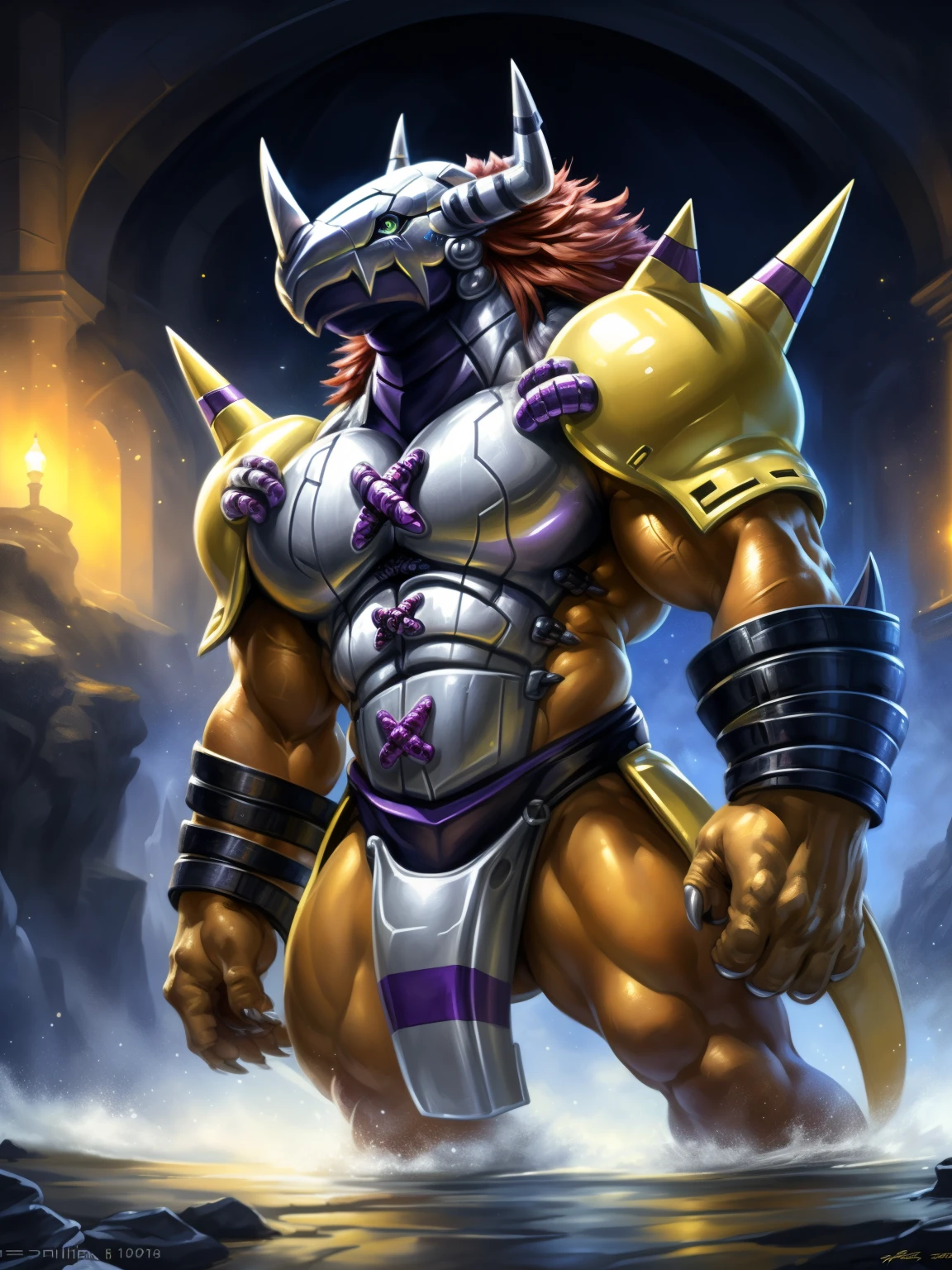 Anthro, solamente, Wargreymon, masculino, bandai namco, Digimon, casco, trompetas, ojos verdes brillantes, Mirando al espectador, QUEBRAR, nada, Antecedentes detallados, arte digital, 8k HD, Detalle extremo, (Sombras oscuras, wide dynamic range, HDR,  luz:1.2), (por Pino Daeni, (por WFA), highlighting his muscles