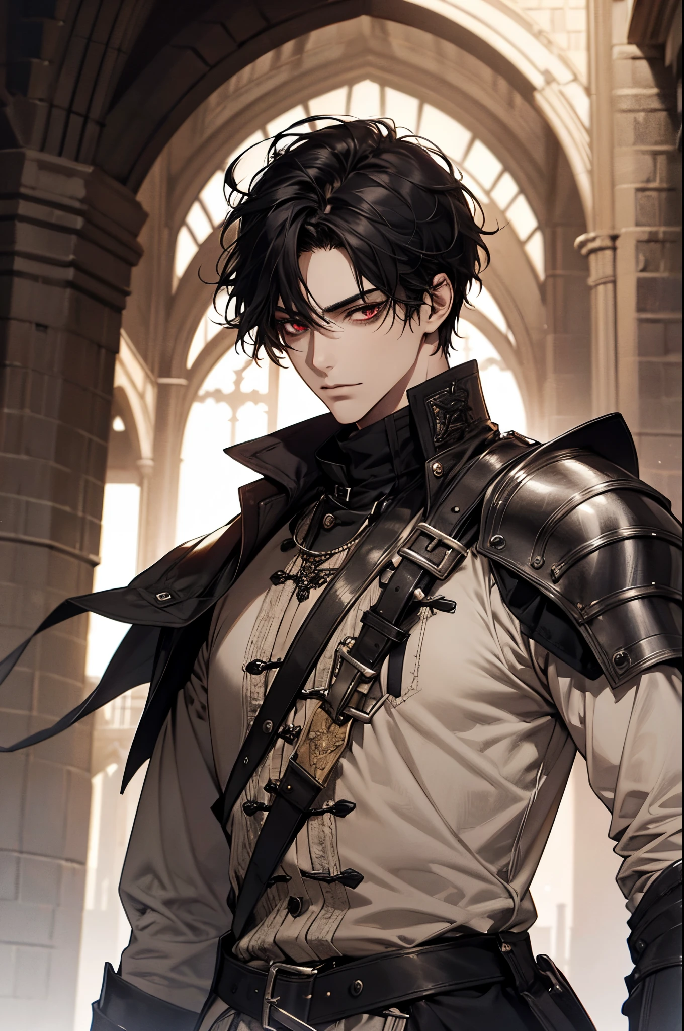 1 male, adult, mature face, beautiful, side swept black hair, short hair, dark red eyes, tall and lean body, black attire fit for nobility, medieval, upper body, condescending