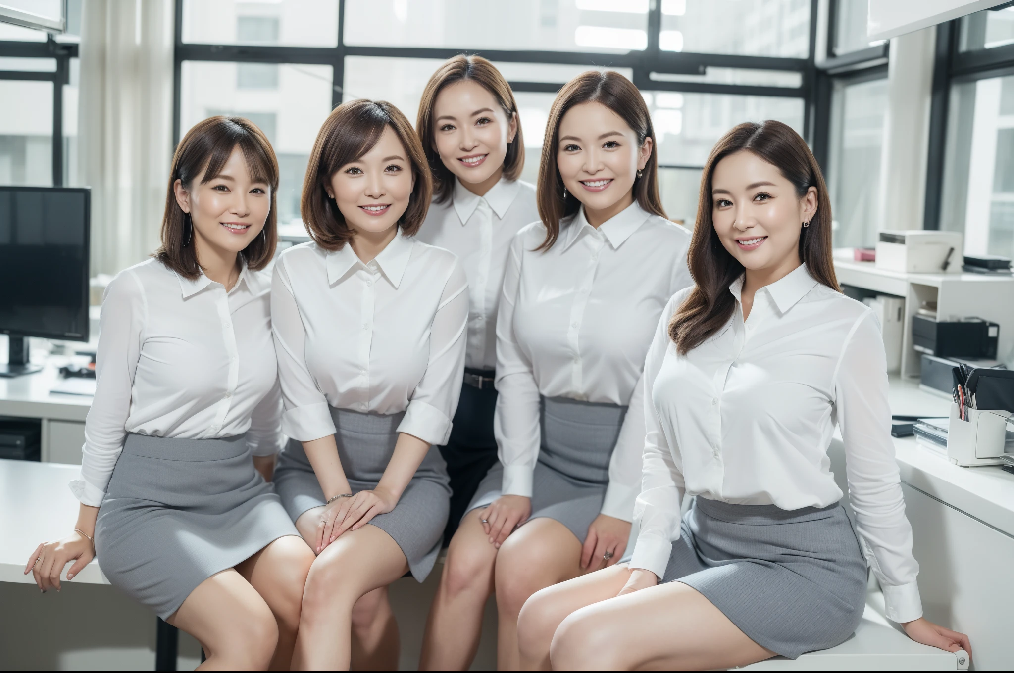 ((Best Quality, 8k, Masterpiecedetails, ultra-high resolution)), (group picture), (looking at the viewer), (fmiddle shot:), attractive business 5 milfs, 5 people, a bit chubby:0.25, white collared shirt, grey skirt, (sitting with cross legs on office desks)), smile, office of CEO,