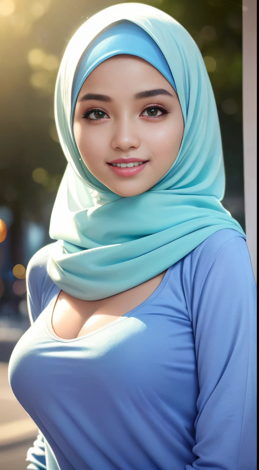 (night scene, close up photo of a sexy naked malay girl with hijab, posing, look at a camera and smile, blue pastel hijab, (green eyes:0.8), big tit, cute young face, 18 yo, soft volumetric lights, (backlit:1.3), (cinematic:1.3), intricate details, (ArtStation:1.2),Best quality, high resolution, masterpiece: 1.3), a beautiful malay woman in hijab, big breasts, slim figure, sweatshirt, beautifully presented details in the street and facial and skin texture, detailed eyes, double eyelids, big eyeschest visible, shirt open