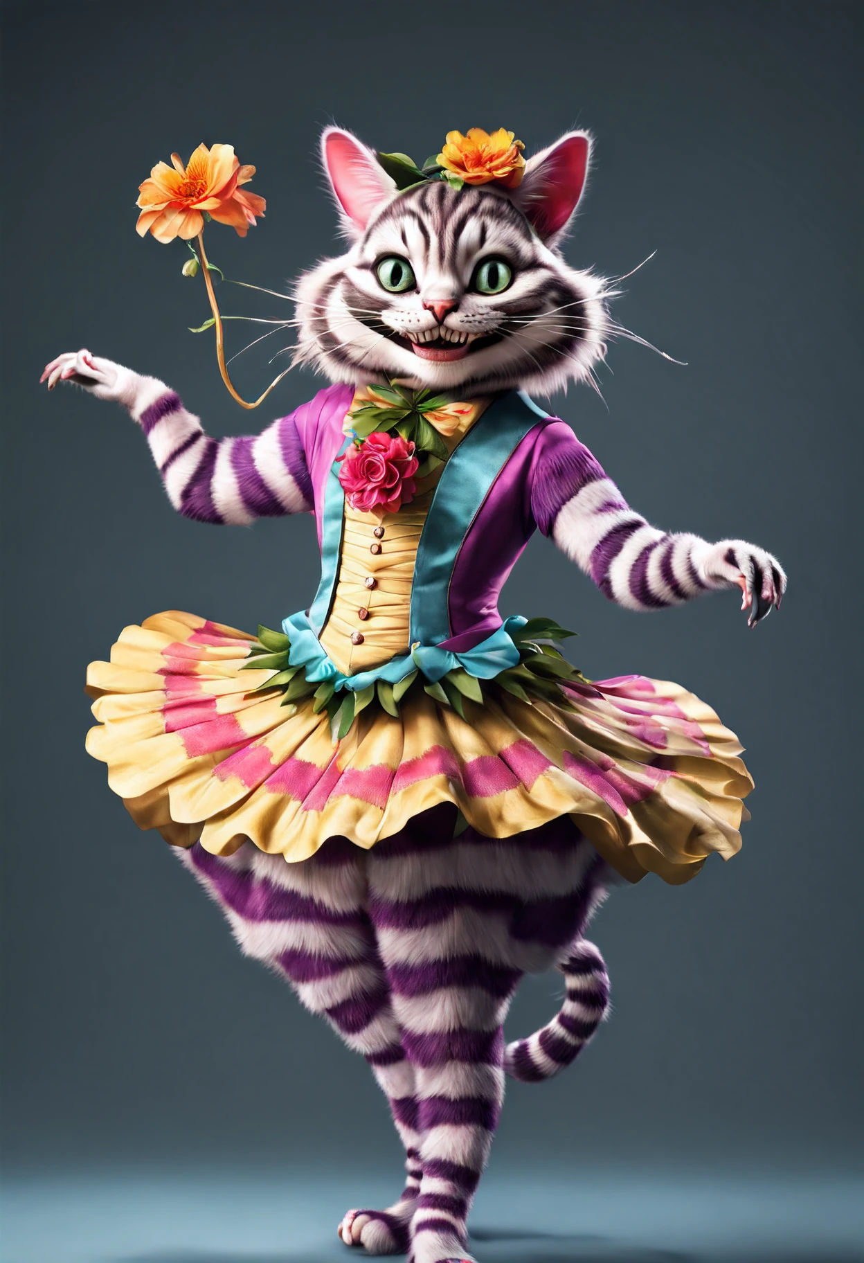 photorealistic portrait of Dressed animals - a  Cheshire Cat  hula dancer,(dancing), high quality,(lovely) intricate details highly detailed hula costume ,flower lay, studio lighting,(full body image:1.5)