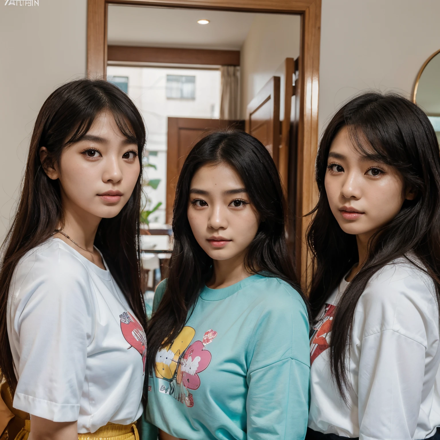 Three Asian women pose in a room for a photo, Ulzzang, 3 sisters looking at each other in the mirror, 8k)), maquiagem coreana popular, foto do perfil, Beautiful girl, Foto selfie 8k, bonito - fino - rosto, maquiagem coreana popular, Xision Wu, bonito, meninana, Foto de perfil do avatar, Sakimichan, Very high quality, realismo super realista, super requinte, alta qualidade, 8K resolution, Estilo Diverso, ombros nus mostrar os peito,