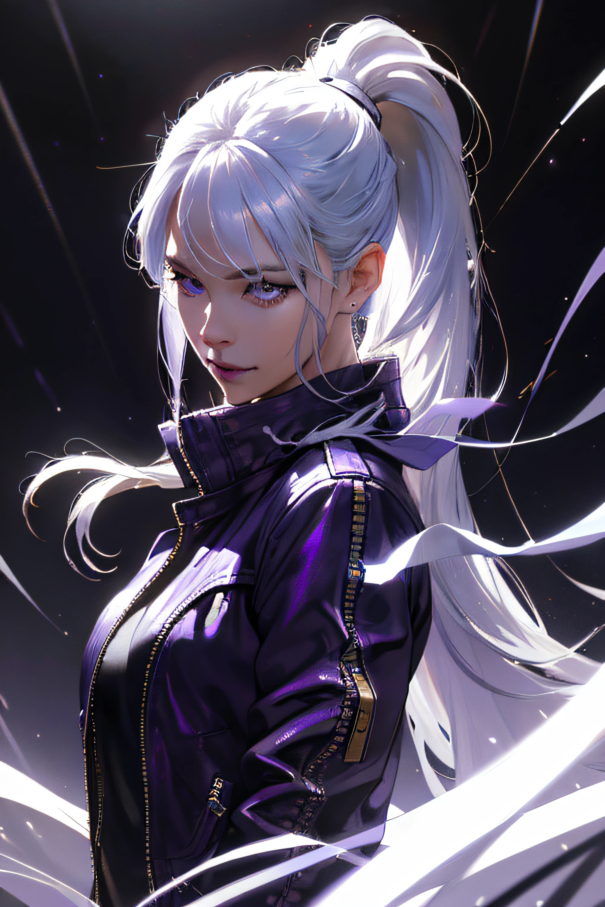 (RAW photo, best quality), (realistic, photo-realistic: 1.3), best quality, highly detailed, masterpiece, highly detailed, illustration, (absurdres, highres, ultra detailed), 1 woman, mature woman, elderly, hair long straight,1 beautiful goddess,beautiful white angel,wearing purple leather jacket,partial upper body,dynamic angle,world masterpiece theater,white skin,beautiful angel girl goddess long silver white hair_silver white long hair_,bangs_in a ponytail_best quality, Unity Wallpaper Highly detailed 8k CG, ink, Awesome, bright blue hair, cinematic lighting, lens flare,, soothing tones, muted colors, high contrast, hyperrealism, soft light, sharp), white beautiful girl angel, white eyes, smiling, purple leather jacket with lots of gold lace, thick leather jacket, closed, dynamic pose, hair in a ponytail and bangs, modern era, (futurictic theme:1.1), future, future era, closed purple jacket, oversized purple leather jacket, street London city, rain, carrying a sword, jacket closed, flat chest, cyberpunk theme