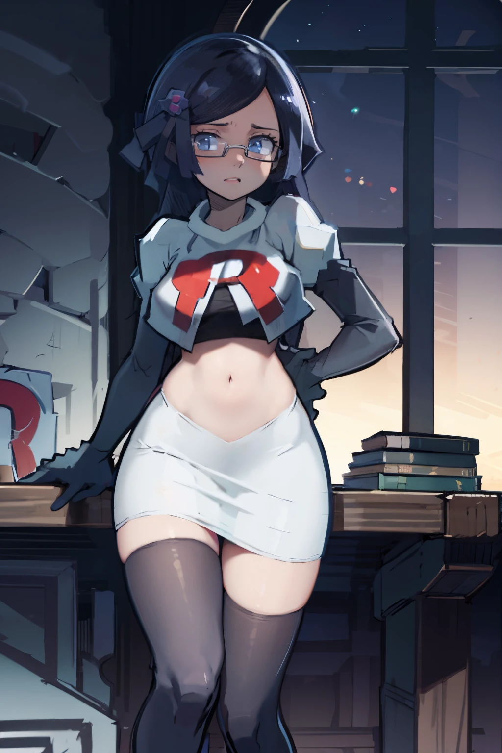 fennel_pk, glasses, team rocket,team rocket uniform, red letter R, white skirt,white crop top,black thigh-highs,black elbow gloves, sinister villianess look,