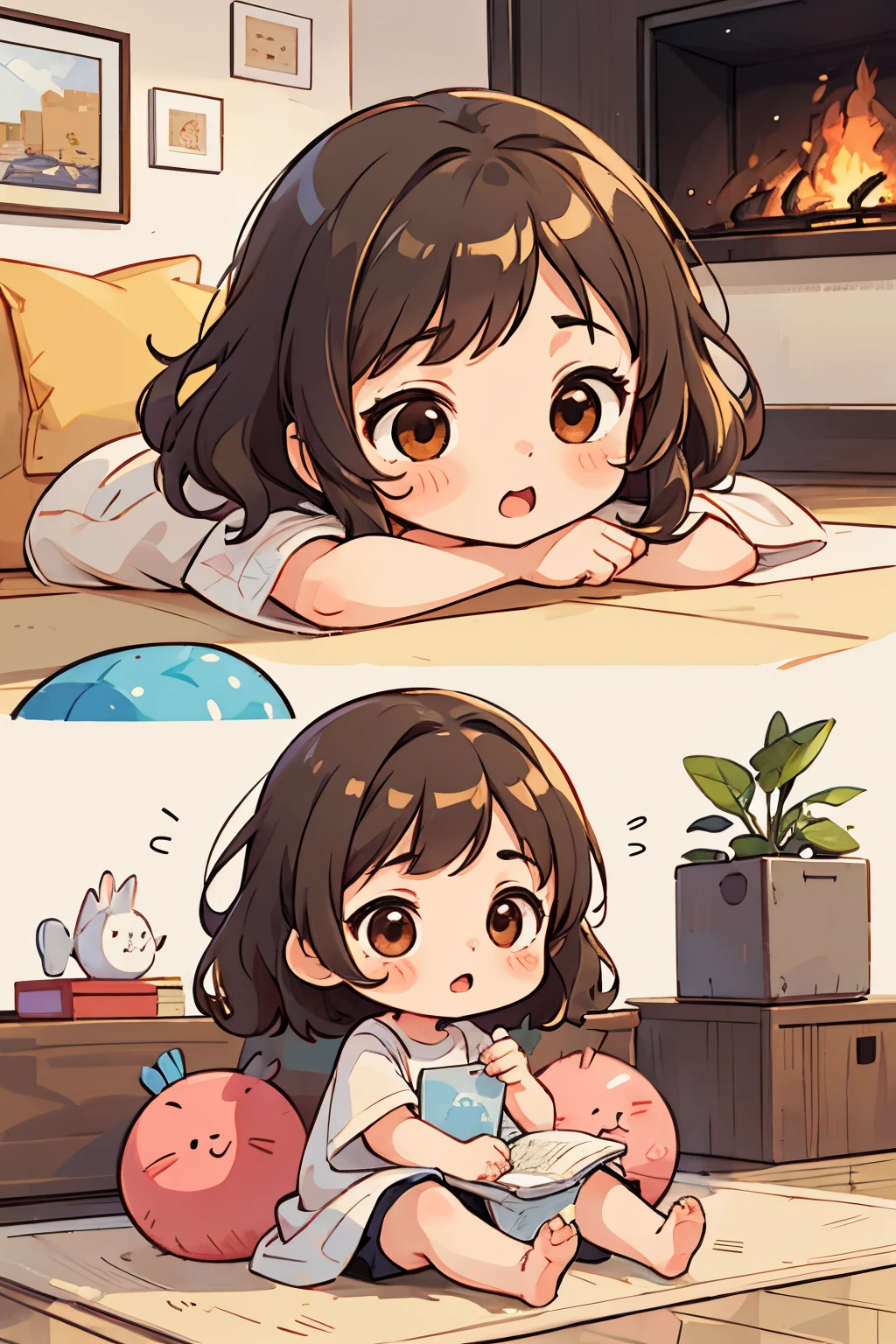 a girl、Yawning face、short non-binary person, wavy brown eyes and hair、play by placing blocks on the floor、Simple modern living room background with fireplace