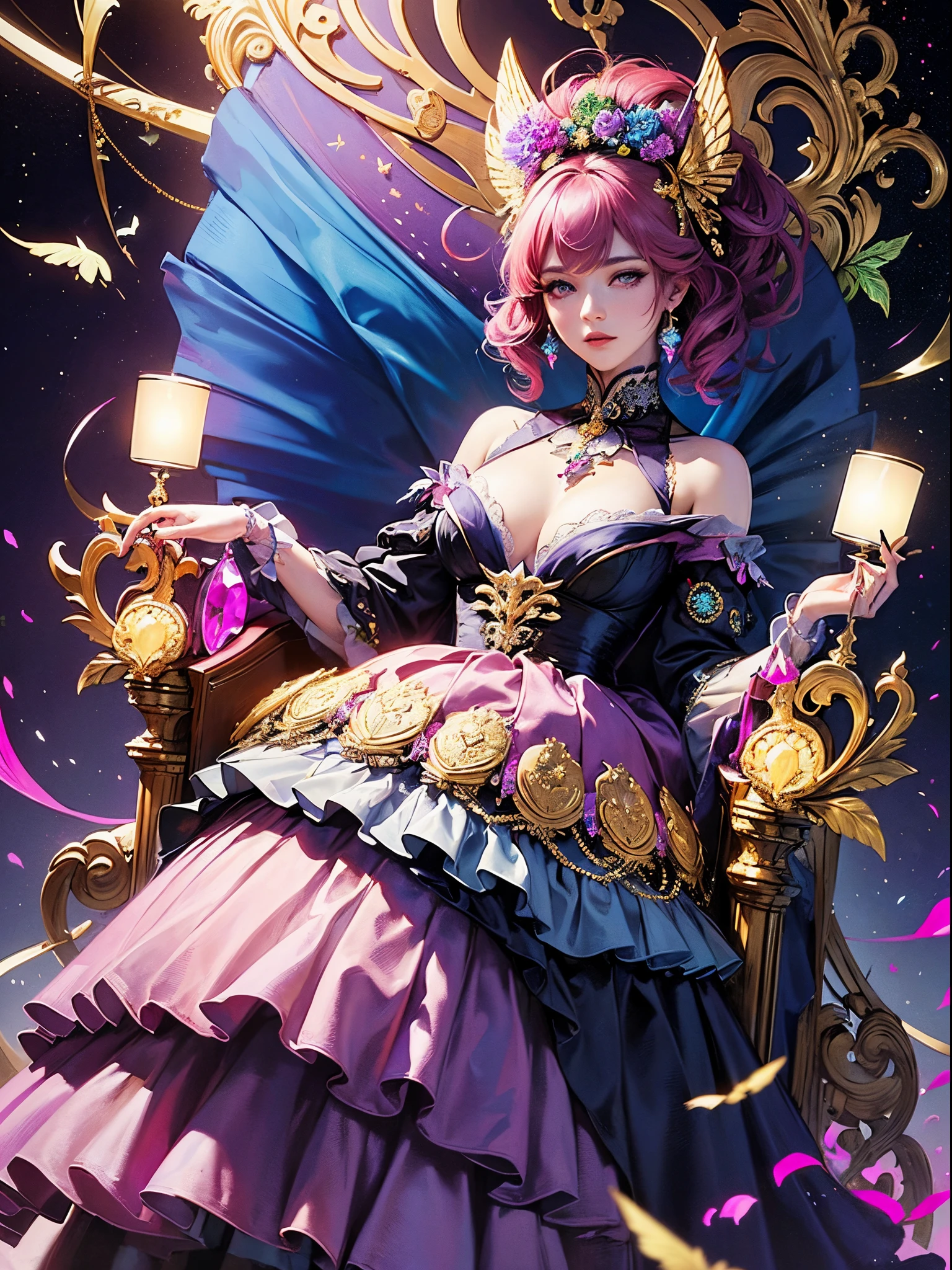 Butterfly motif、Magenta undertone、Vibrant colors、((masterpiece)))、(((top-quality)))、((ultra-detailliert))、(A hyper-realistic)、(highly detailed CGillustration)、Official art、Florence at the beginning of the 20th century、Decadent、Madame Papillon、Cool Beauty、Masquerade、refinement、Elegance、Gorgeous、Colorful and detailed mask design、matchless beauty、Fans、gorgeous dress、jewely、Female Solo、Perfect Angle、perfect-composition