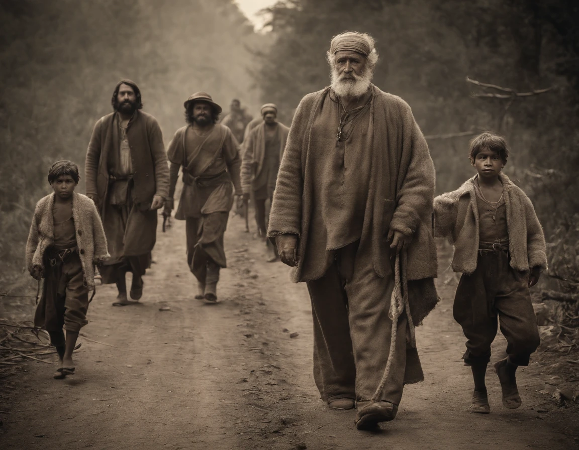 (Masterpiece) An ultrarealistic photography of a group of villagers walking down an old road holding a ((giant man in chains)), nomad, vintage sepia photography, very old and torned photo, ultrarealistic