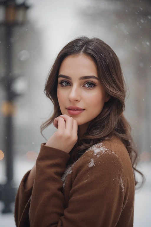 professional portrait photograph of a gorgeous Latin woman, in winter clothing with very long wavy brown hair, sultry flirty look, 25 years old,realistic skin texture,skin blemishes, skin wrinkles, gorgeous symmetrical face, cute natural makeup, wearing elegant warm winter fashion clothing, ((standing outside in snowy city street)),very good body, stunning modern urban environment, ultra realistic, concept art, elegant, highly detailed, intricate, sharp focus, depth of field, f/1. 8, 85mm, medium shot, mid shot, (((professionally color graded))), bright soft diffused light, (volumetric fog), trending on instagram,
