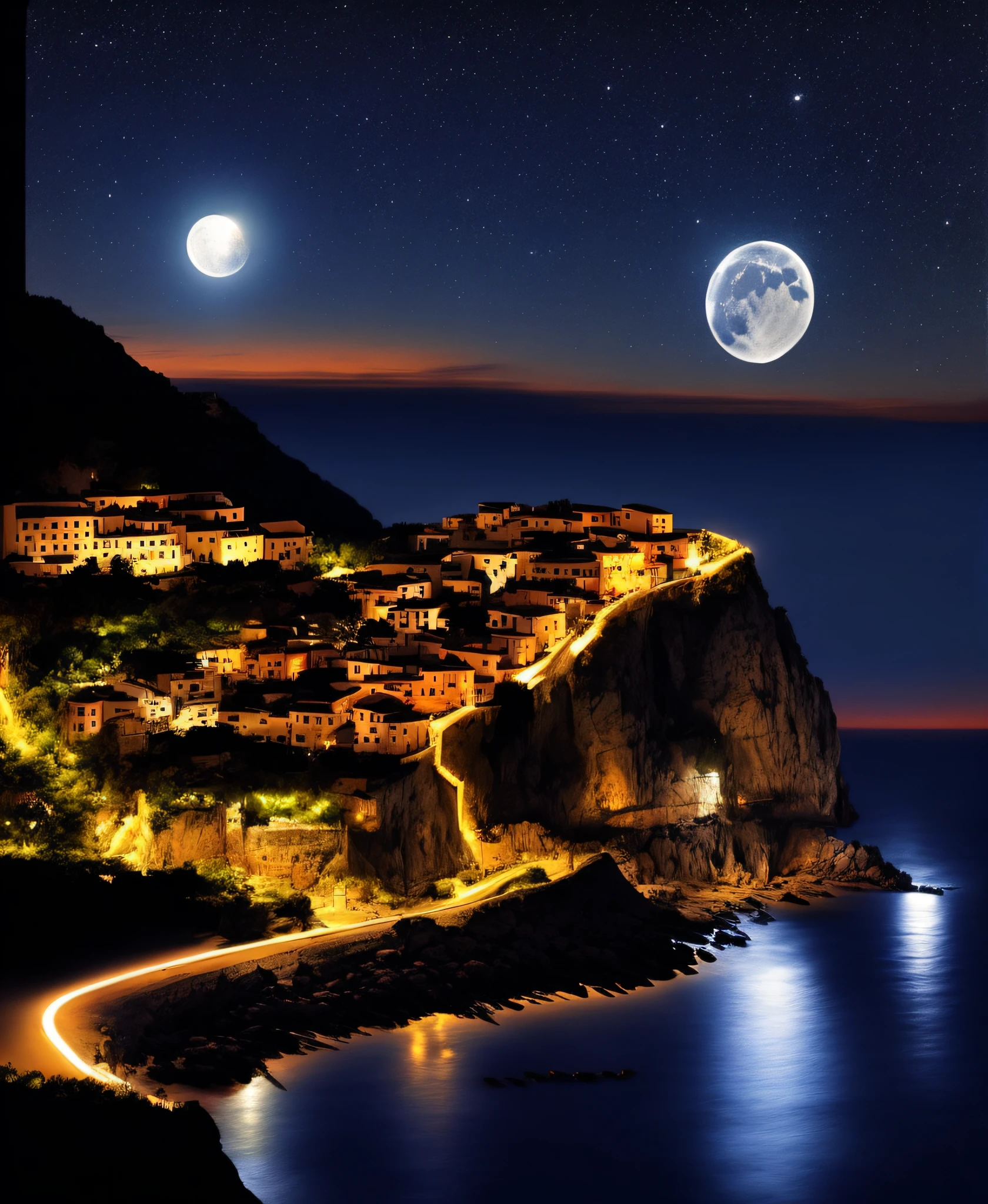 A town on a cliff overlooking the sea at night, 5 Earth, Fantasy Italy, unbelievably beautiful, Italy, Wonderful moonlit night, Mediterranean cities in Italy, cliffside town, Beautiful moonlight, beautiful night scene, at night with full moon, Beautiful moonlight, breathtaking scenery, Beautiful location, epic and stunning, ❤🔥🍄🌪, Moonlit Night