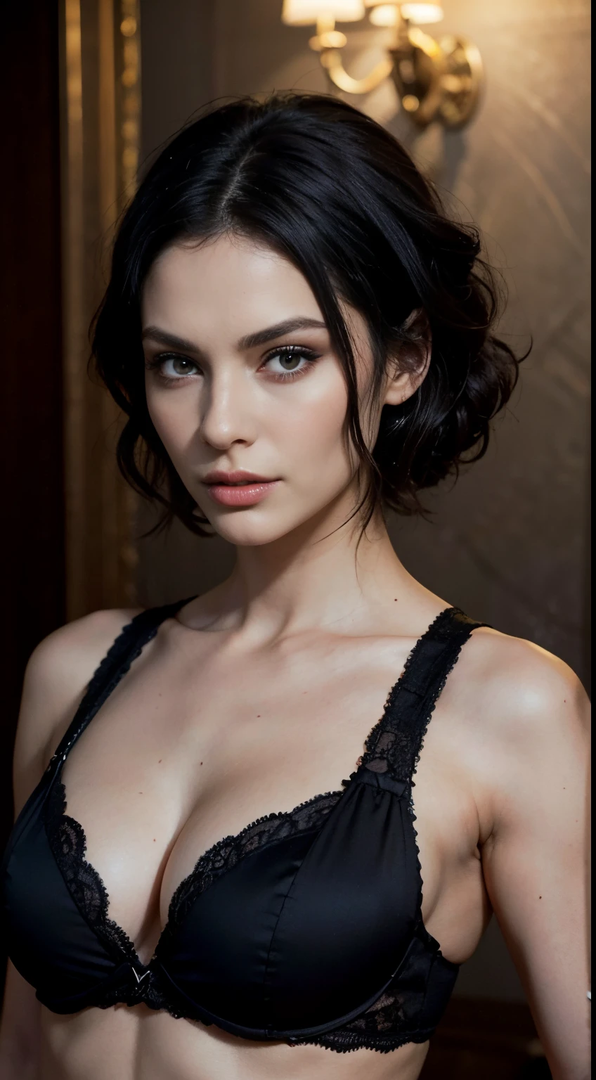 beautiful European 30-year-old woman, (confident look: 1.1), slim athletic body, short black wavy hair, realistic, highly detailed eyes , seductive pose , black eyeshadow, wearing a black lace underwear outfit, in a luxury hotel dark makeup, fashionable artstation, Extremely detailed, fine details, complex, detailed facial features, sharp focus, smooth, aesthetic photorealistic