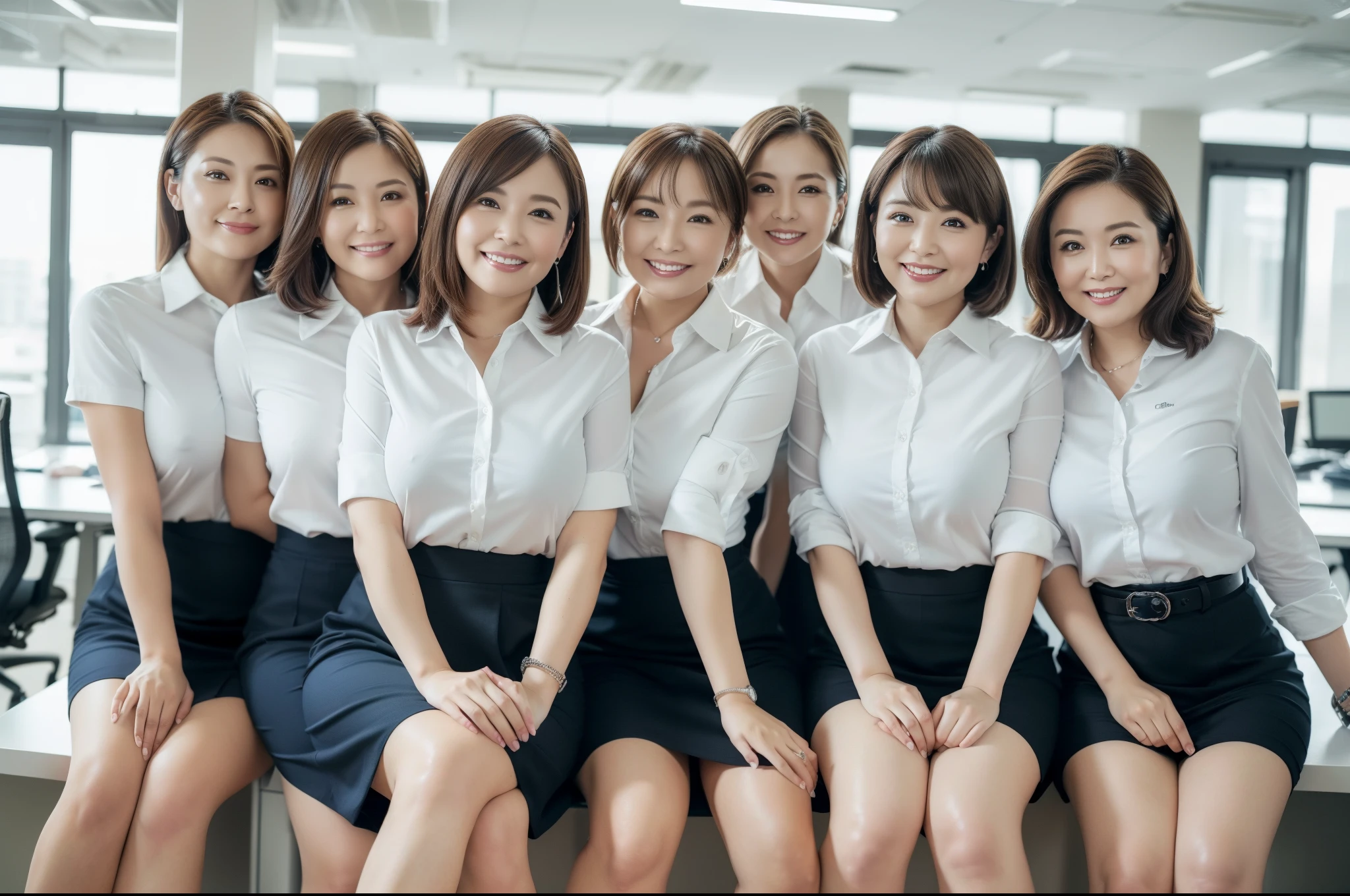 ((Best Quality, 8k, Masterpiecedetails, ultra-high resolution)), (group picture),(looking at the viewer), (full shot:), attractive business 5 milfs, 5 people, a bit chubby:0.25, seductive expression, white collared shirt, grey skirt, (sitting with cross legs on office desks)), smile, office of CEO,