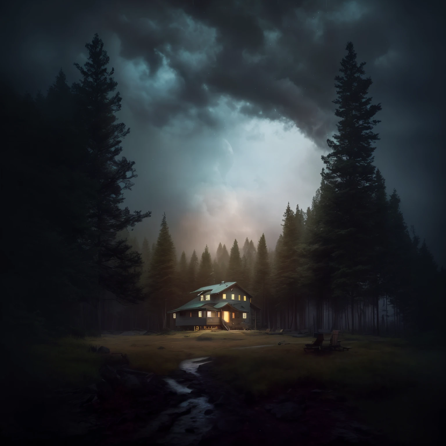 tem uma casa no meio de um campo com um riacho passando por ela, Casa na floresta, inspirado em Gregory Crewdson, Casa na Madeira, A casa na floresta, Cabana na Mata, Atmospheric. pintura digital, Stefan Koidl inspirado, Casa de campo na floresta, noite calma. digital illustation, A pequena casa na floresta
