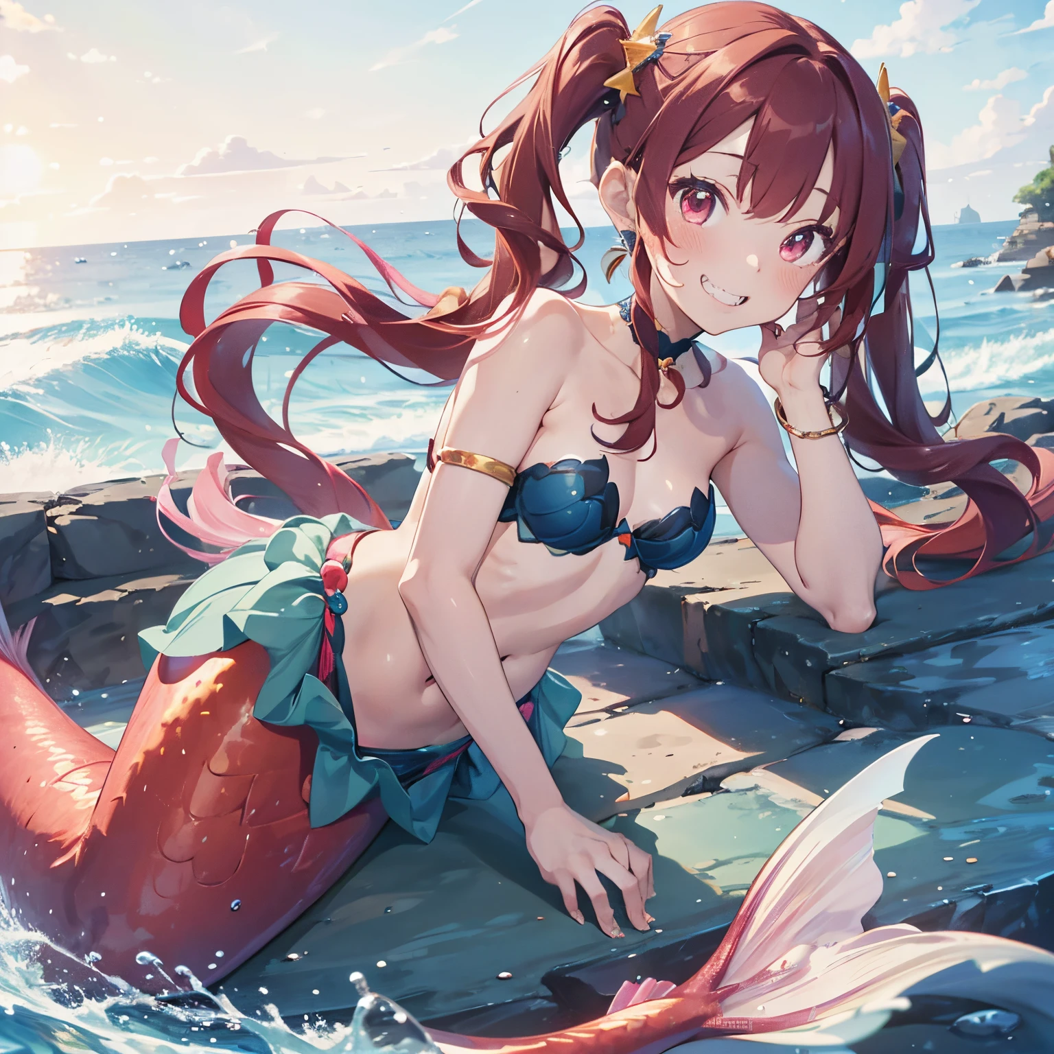 Pretty princess magically transformed into a beautiful mermaid, race swap, none human, fish like, long mermaid tail below waistline, pointy ears, red fish scales on skin, drawn in anime style, very long pigtails red hair, sharp teeth, is smiling, pink eyes, small breast, long pelvic and dorsal fins, pair of fish gills on the torso, seashells bra, starfish hair clips, pearl earrings and bracelets, pearl necklace, hair ribbons, gold tiara, ocean depths, swimming underwater, Highly detailed, 4K.