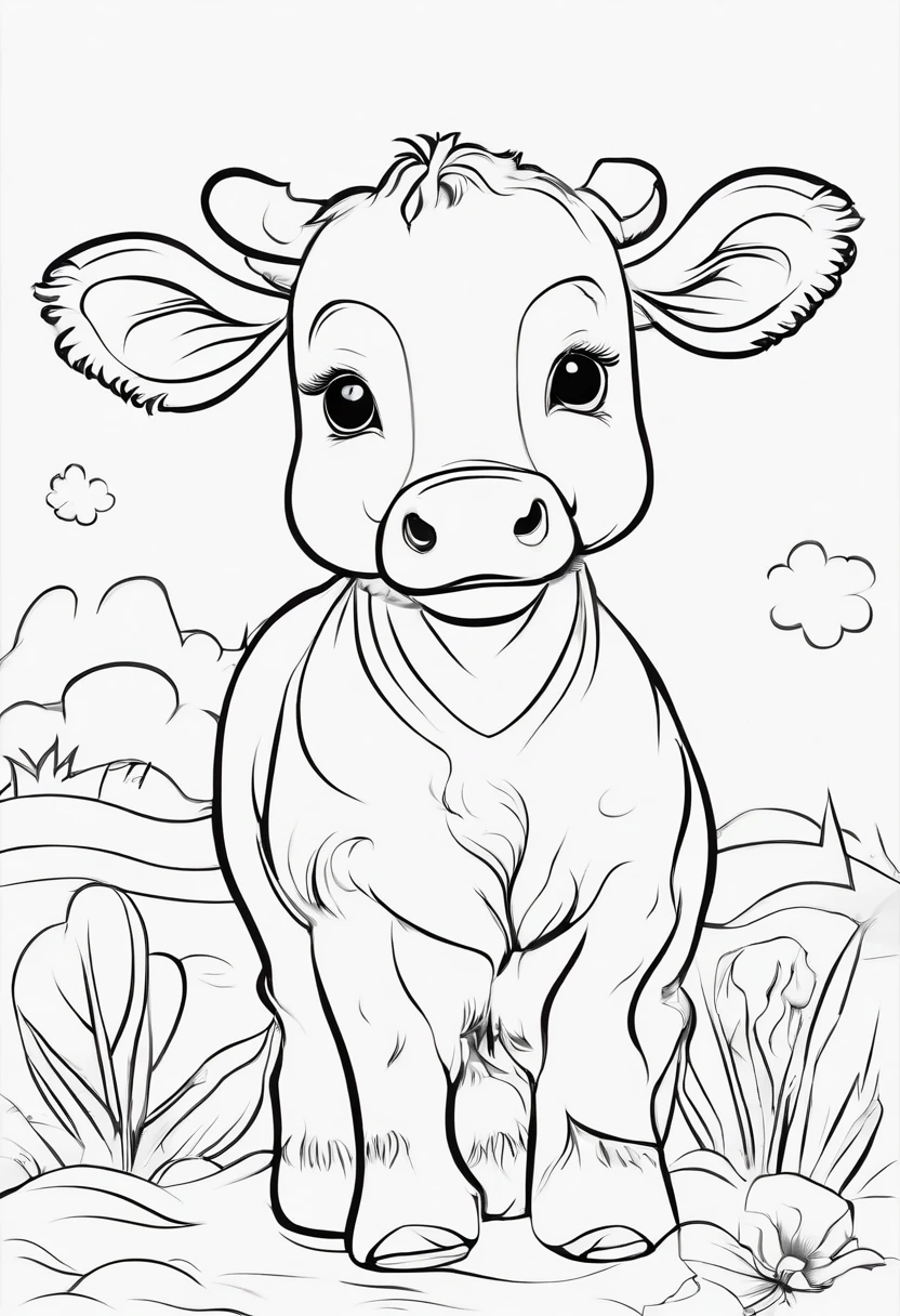 baby cow, cartoon style, low detail, for coloring page, thick lines, no shading