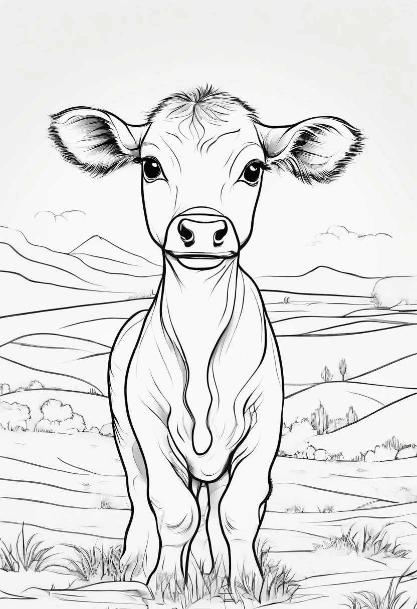 baby cow, cartoon style, low detail, for coloring page, thick lines, no shading