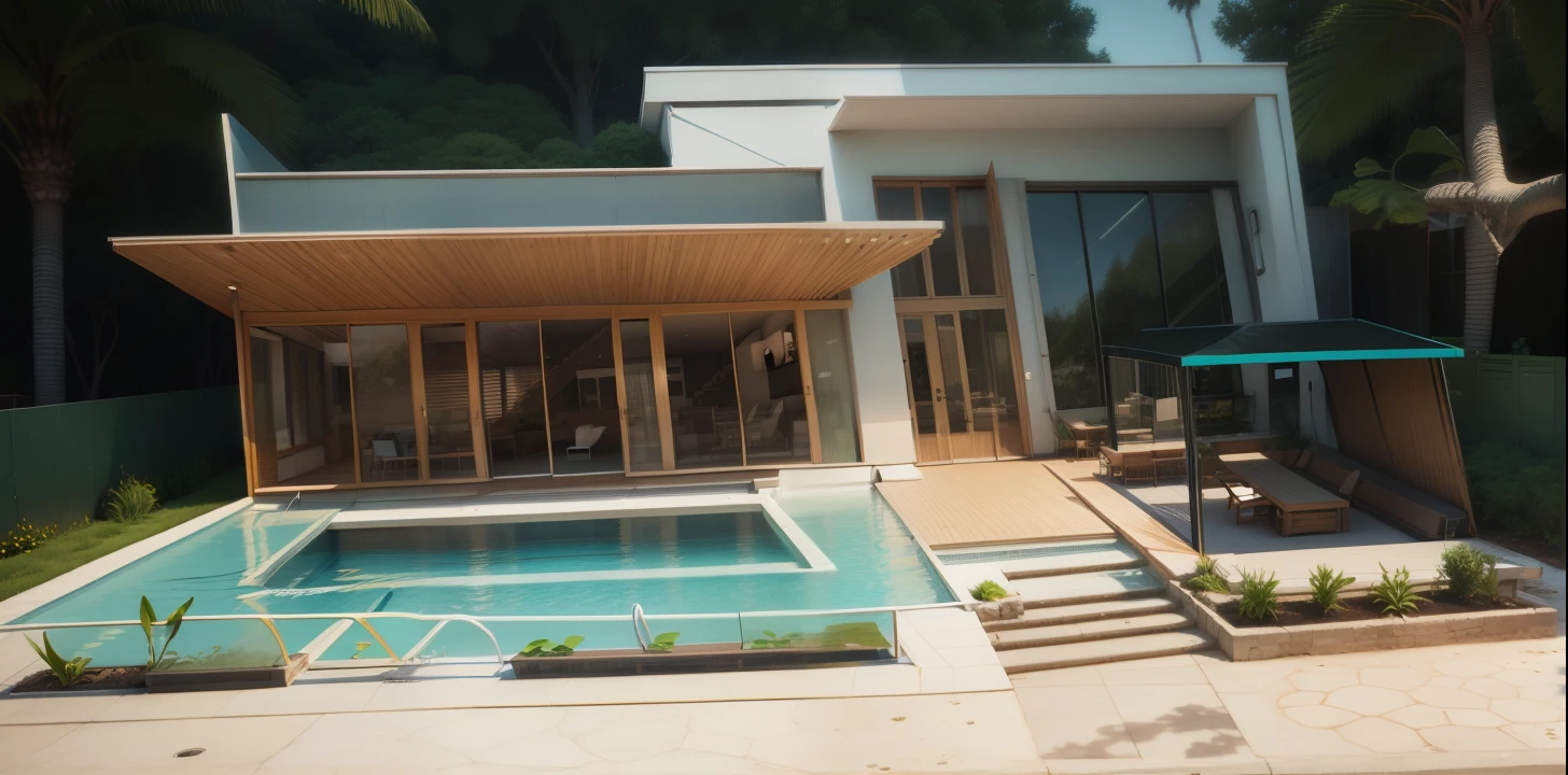 Organic modern architecture on a fairly large plot, de , Large complex of paddle fields there is a swimming pool in the middle of a large house of a flower, cor da casa em vigas marrom chocolate e preto, large modern residence, telhados planos e jardim, render luxcore, renderizar oktane, a photorealistic rendering, architectural render, mantra rendering, architectural render, lifelike rendering, architectural visualisation, piscina de bem-estar, architectural visualisation,  Large green areas, com pequenas zonas de flores de lavanda, arbustos verdes tipo exuberante jardim verde, as well as small water mirrors, swimming pool embedded in an area of sand, oliveiras e pinheiros ao redor da casa, quadra de padel ao lado da casa