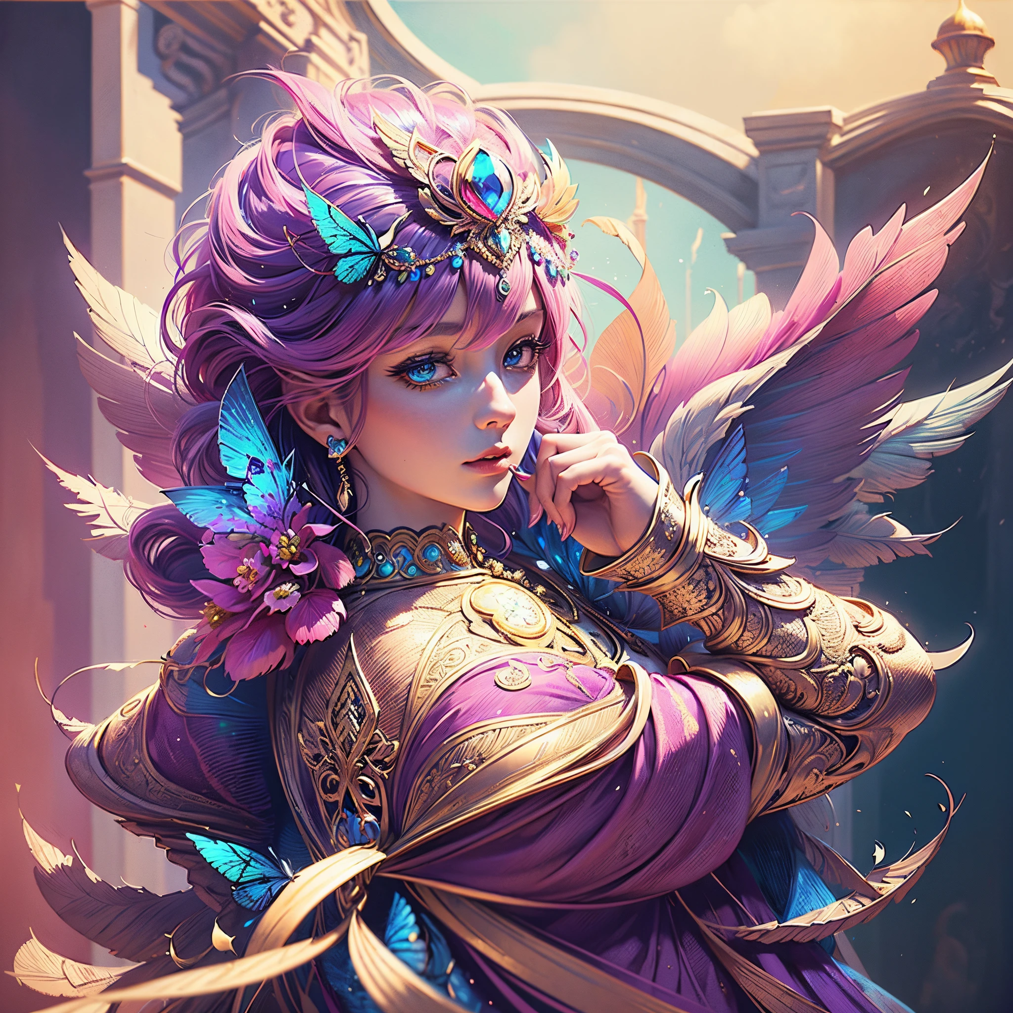 Butterfly motif、Magenta undertone、Vibrant colors、((masterpiece)))、(((top-quality)))、((ultra-detailliert))、(A hyper-realistic)、(highly detailed CGillustration)、Official art、Florence at the beginning of the 20th century、Decadent、Madame Papillon、Cool Beauty、Masquerade、refinement、Elegance、Gorgeous、Colorful and detailed mask design、matchless beauty、Fans、gorgeous dress、jewely、Female Solo、Perfect Angle、perfect-composition