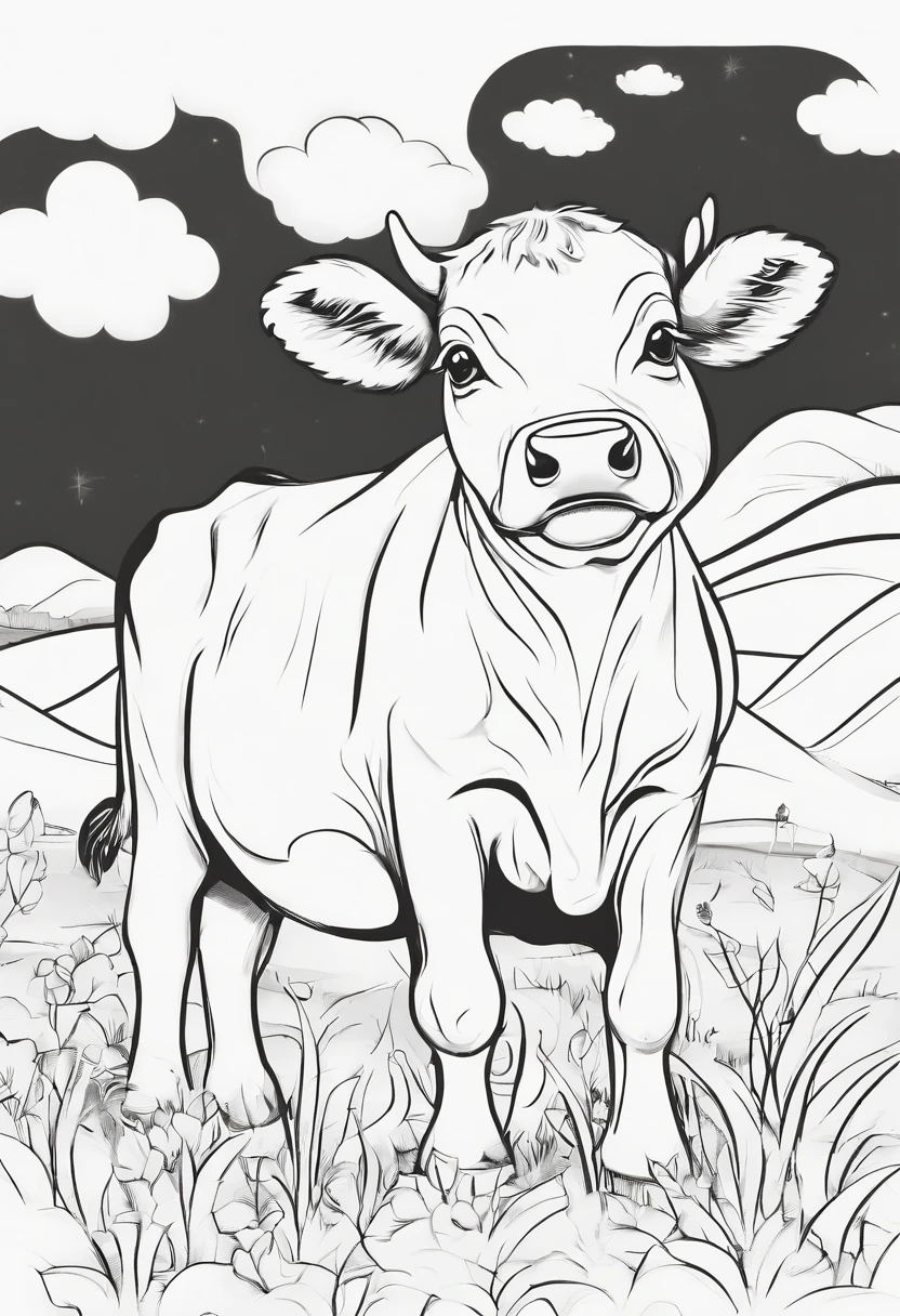 baby cow, cartoon style, low detail, for coloring page, thick lines, no shading