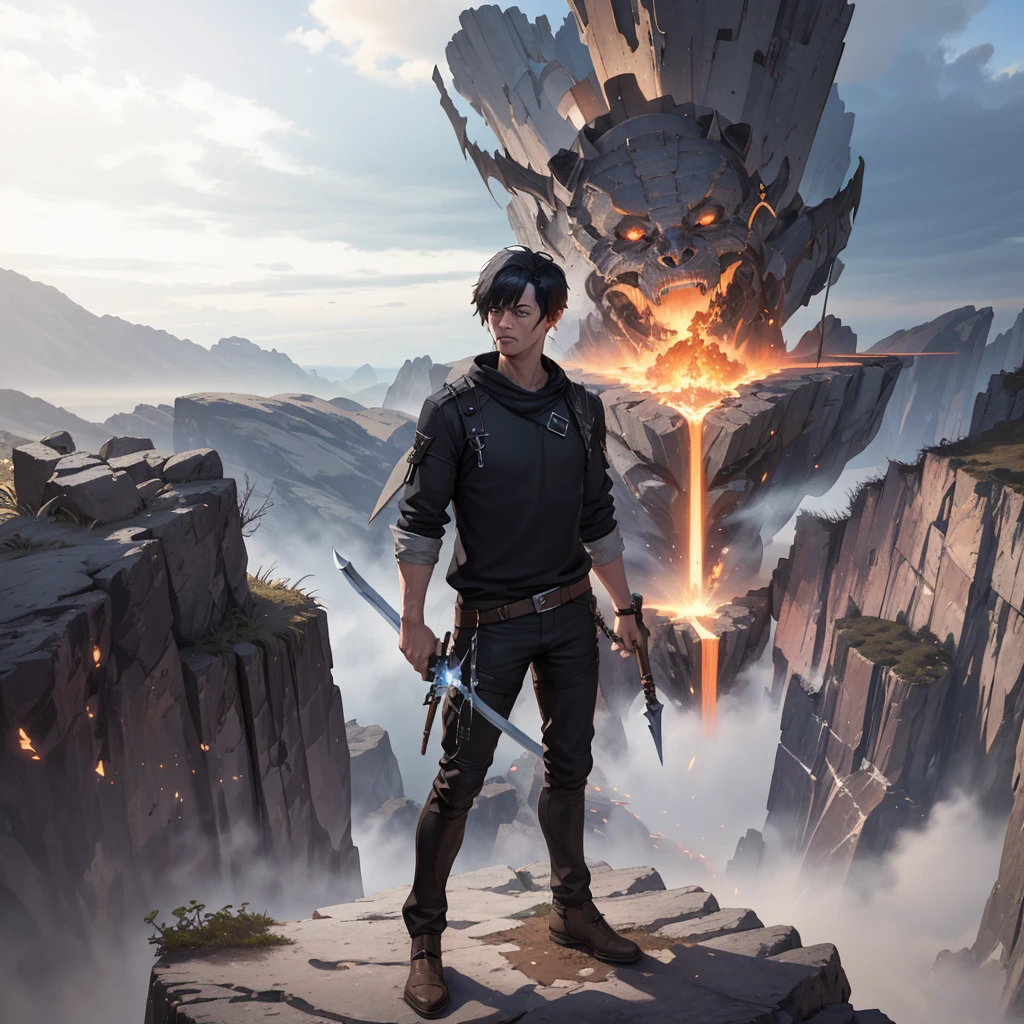 there is a man standing on a cliff with a sword, 3 d epic illustrations, unreal engine 5 render dramatic, made in unreal engine 5, realistic fantasy render, unreal engine 5 digital art, detailed unreal engine 5 render, epic fantasy digital art style, cinematic unreal engine 5, render in unreal engine 5, small character. unreal engine 5, rendered unreal engine 5