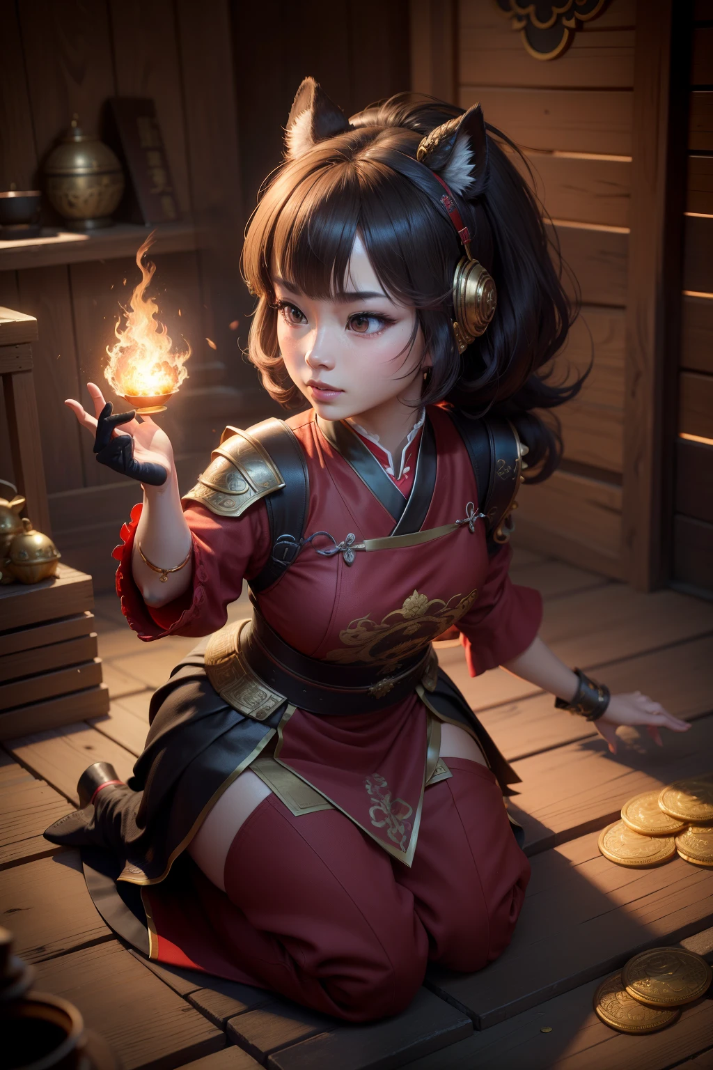 black hair with bangs, Chinese braid hairstyle, red eyes, smiling, girl, 4K, cute, holding a hammer, elf, Short body, 