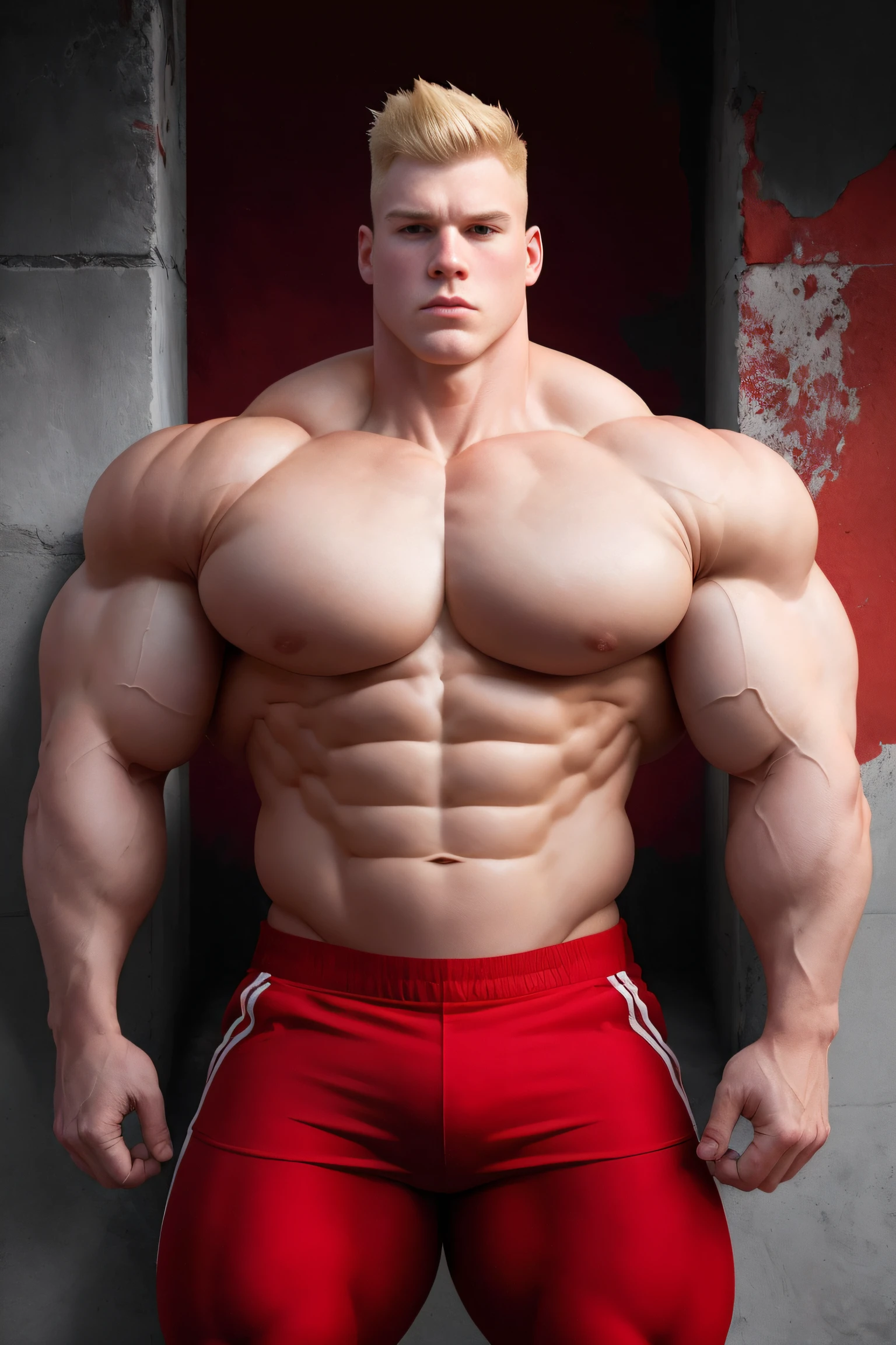 30 years old man, vistiendo pantalones cortos rojos posando para una foto frente a una pared, hombros desnudos de culturista, massive muscles, 295 libras, Sharp contours, simetry; fotorrealista, proporciones perfectas rostro definido, (cara cuadrada) corte de pelo militar rubio, Foto hiper real, cavernoso, POTRO, transhumano.