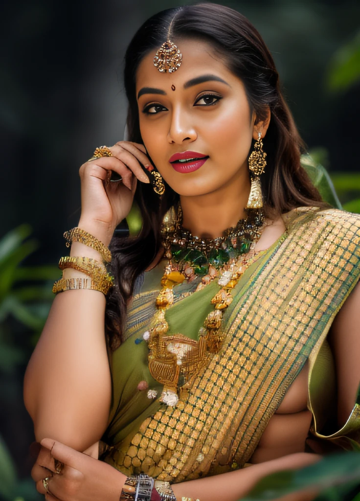 day scene, extreme close up photo of seductive indian model from top view wearing semi yellow top with big breast, big cheeks, red Hollywood lips, squatting near shrub in a garden, hourglass figure, armpits, (blue eyes:1), ponytail, necklace, 30 yo, look at viewer and smile,forest background (cinematic:1.3), intricate details, (ArtStation:1.2)