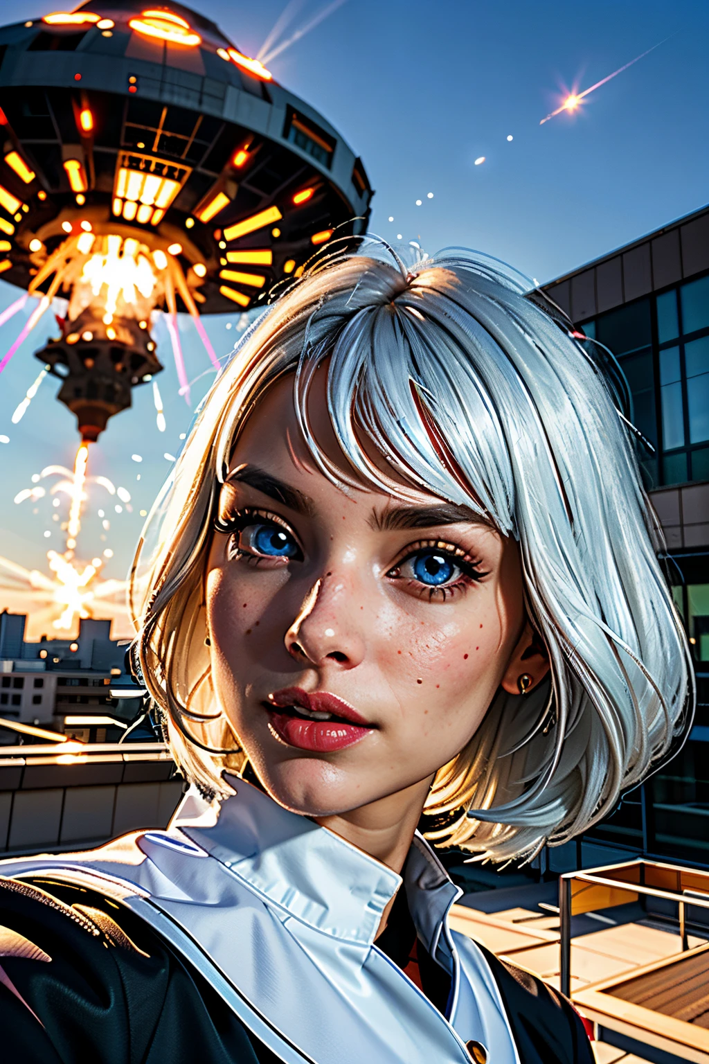 (((tmasterpiece))), (best quality), (highres), (ultra details), extreme quality, sharp focus, (bright colors), (((2 beautiful school girls taking face selfie instagram photo))), expression of surprise face, smile, scream, (((white hair))), (bangs), blue eyes, (shining eyes,highly detailed eyes), long eyelashes, thin eyebrows, (((point finger to blue sky background), (mothership UFO to destroy explosion the city))), standing on roof of the building, from below, from behind, face zoom up