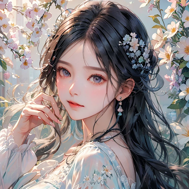 Ladies and bouquets,The upper part of the body,She looked at me with very beautiful and kind eyes.Detailed Schneider Pastel Ink, soft and fantastic, Fluffy, (extremely fine and beautiful), (Perfect Detail)、(pastel color),Soft texture:1.2.(masutepiece, Best Quality), (finely detailed beautiful eye), (finely detailed eyes and detailed face),(Jet black silky hair), The hue is also noticeably brighter.Pale blurry silhouette,Surrounded by many flowers,girl birthday day. gorgeous decoration, Flowers, and many々gather to celebrate. Only one day a year can a girl be the star of the show, Like a princess.fine brushes, Rough, detailed watercolour, soft and fantastic, pastel, Fluffy, (extremely fine and beautiful), (perfect detail)、(pastel color),Soft texture:1.2.(masutepiece, Best Quality), (finely detailed beautiful eye), (finely detailed eyes and detailed face),The tones are also visibly luminous.Pale blurred contours