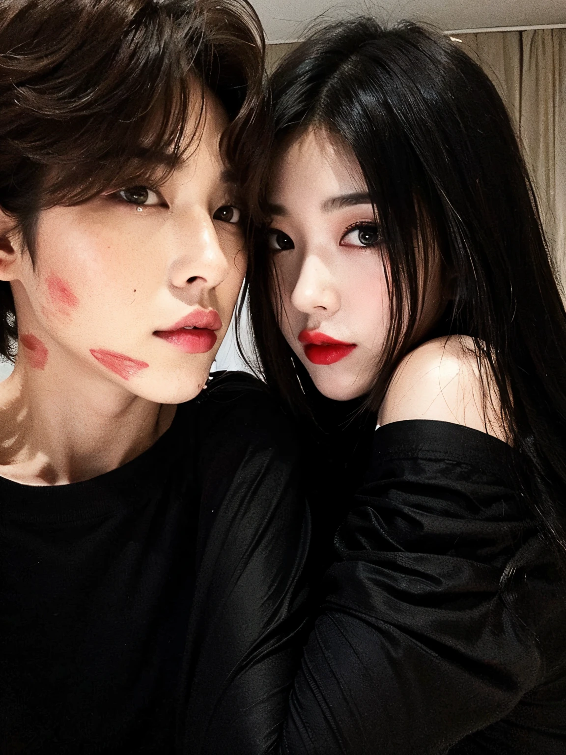 they are posing for a photo with their faces painted red, both have red lips, Jimin\Plump lips, with very thin lips, Ulzzang, maquiagem sul-coreana popular, Jinyoung Canela, beijando juntos fofos, with black glossy lips, Jung Jaehyun, TaeJune Kim, Jennie Blackpink, beijar boca a boca, Nixeu e Sakimichan