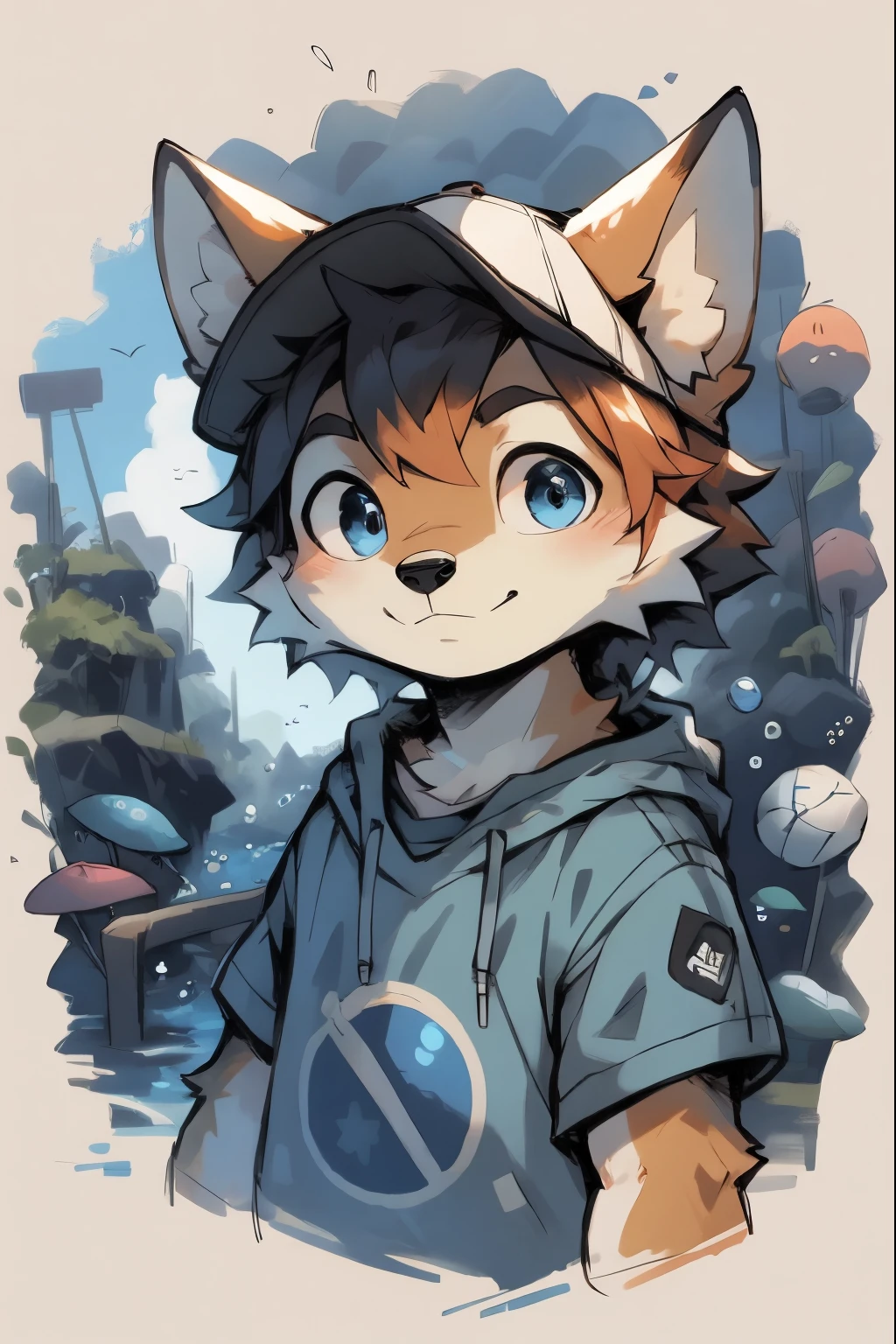 tmasterpiece, Best quality at best, eyes with brightness, 詳細な目, hairy pubic, coyote, male people, baggy clothes, baseball cap, (tilt of the head:1.3), high saturated, Colorful, detailedbackground, perfect litthing, shadowing, aquariums, janelas, dark blue theme, airbubble