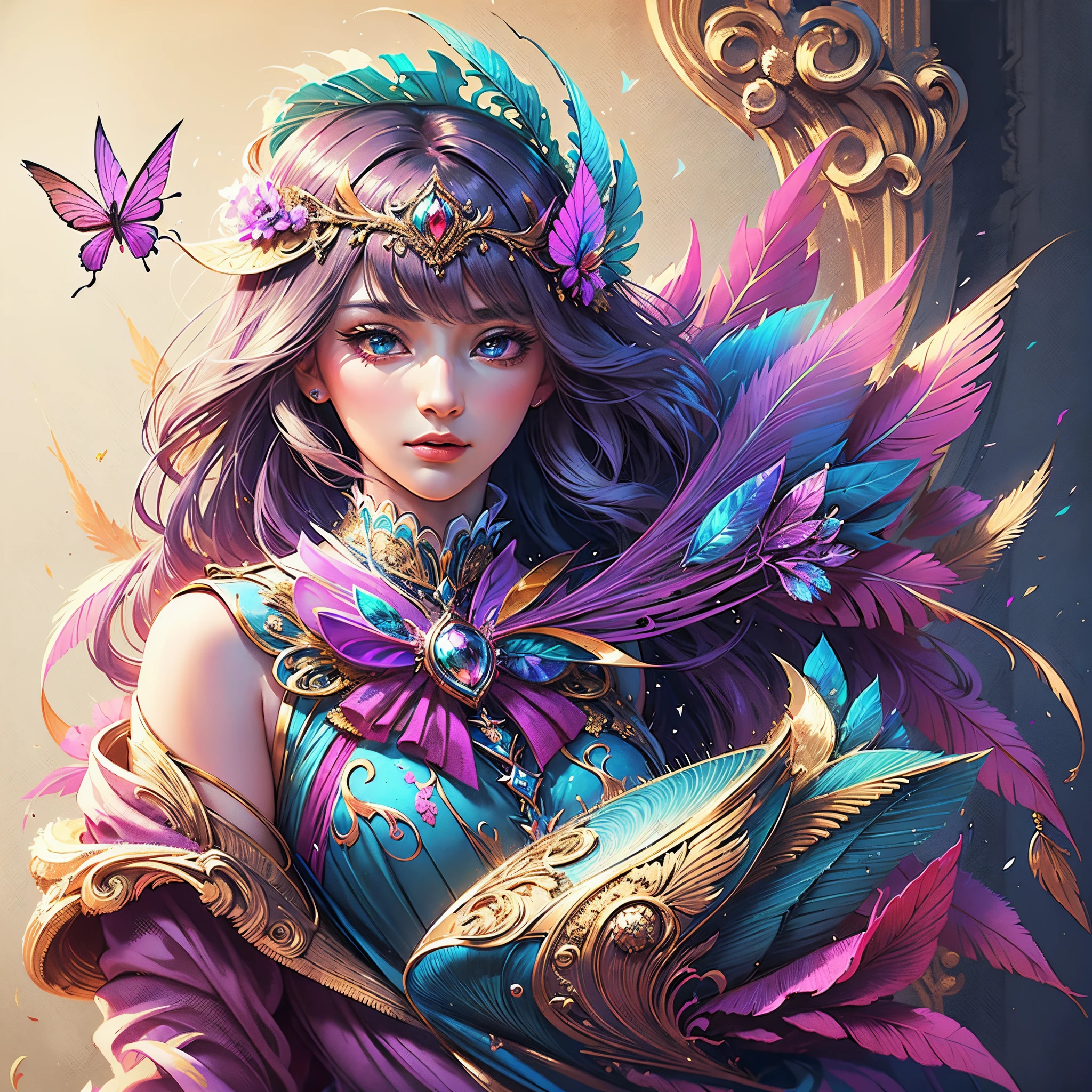 Butterfly motif、Magenta undertone、Vibrant colors、((masterpiece)))、(((top-quality)))、((ultra-detailliert))、(A hyper-realistic)、(highly detailed CGillustration)、Official art、Florence at the beginning of the 20th century、Decadent、Madame Papillon、Cool Beauty、Masquerade、refinement、Elegance、Gorgeous、Colorful and detailed mask design、matchless beauty、Fans、gorgeous dress、jewely、Female Solo、Perfect Angle、perfect-composition