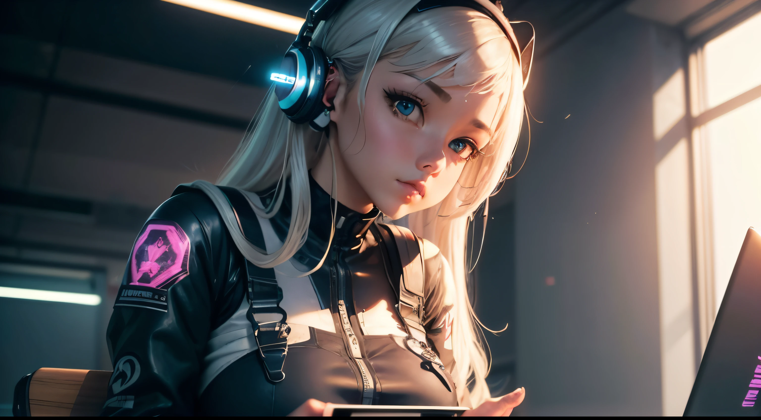 a close-up of a woman in overalls with headphones, ciborgue bonito, meninaid perfeita, Cyber Escola Menina, biomcal oppai, menina em mecha cymor, Mulher perfeita do anime do ciborgue, menina ciborgue bonita, etic suit, Cyberpunk Mech Menina Anime , Cyberpunk, meniorgue, cyborg menina brancta, cybernetic suit, Higol Robot, 22 anos, olhar confiante direcionado para seu laptop e digitando, camisa curta de uniforme, blusa, Although she looks human, everything is mechanical, existem algumas partes do ciborgue, Incluindo o uniforme que ela usa. Japan. The backdrop is the classroom, Retinas, masutepiece, preciso, anatomicamente correto, pele texturizada, Super Detalhe, Detalhes altos, alta qualidade, melhor qualidade, Very high resolution, Japanese Anime Features