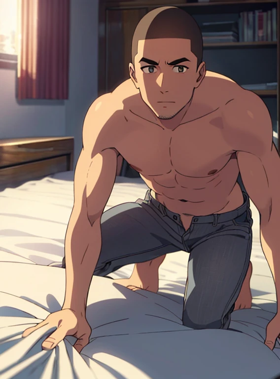 1boy, buzzcut, muscular, topless, gray pants, crawling, facing the viewer, crawl position, bedsheet, bedroom,