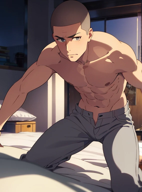 A man in a golden thong sits on the bed, gigachad muscular, smooth golden skin, Muscular!!, Best Rated on pixiv, Handsome anime pose, smooth golden skin, Joseph Joestar, Muscular! fantasy, Beef Cake Pose, oppai, Popular on Pixiv, muscular male hero, SFW version, male anime character, Golden skin, male art