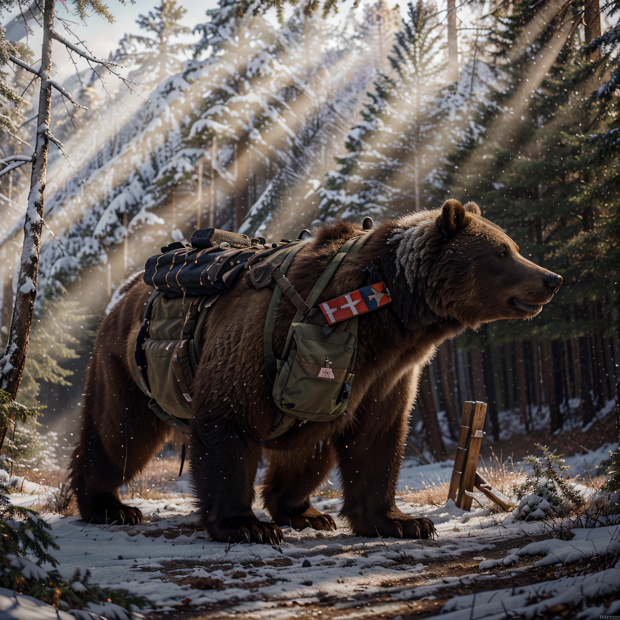 Oso grizzly con pelaje realista y detallado., el oso lleva placas de armadura de metal y mochilas de estilo militar., ammunition belts, soviet, lleva una cinta roja y blanca, Bosque de invierno salvaje, realista, 4k, Imagen ultra detallada, realista, Altamente detallado, perfect composition, splendid, Intrincadamente detallado, Incredibly detailed, 8 k artistic photography, hiper detallado, Obra maestra, Ultra detallado, hiperrealista, 4k, Imagen ultra detallada, realista, Altamente detallado, perfect composition, splendid, Intrincadamente detallado, Incredibly detailed, 8 k artistic photography , hiper detallado, Obra maestra