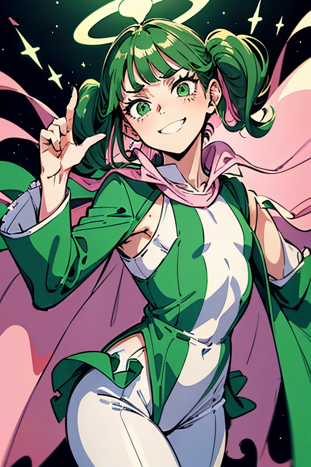 (masterpiece), best quality, colorful, girl, dark green long voluminous hair two pigtails two buns side bangs, green eyes, wide smile, (pink cape), (light green jamper with white stripe), white leggings, white gloves, halo, (stars in bubbles), flat chest, my hero academia, cosmos background, portrait