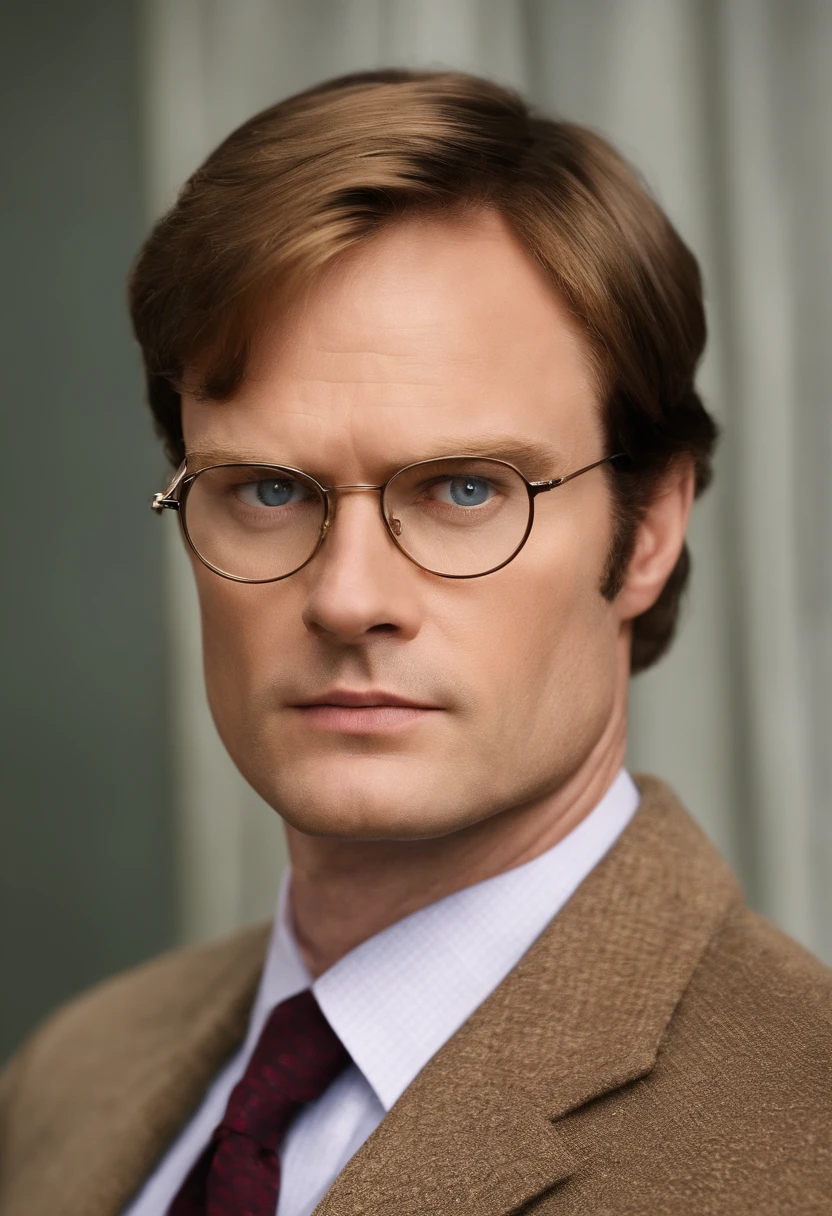 A photo of Dwight examining the intricate details of a Swiss Army Knife.,The Office,Dwight Schrute, another character from “The Office,” is known for his distinct, somewhat antiquated appearance: a stern expression, a rigid, formal posture, and usually dressed in a mustard-colored shirt and dark tie. His hairstyle is severe and practical, matching his no-nonsense attitude. , male