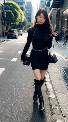 wearing a black knit dress、kneehigh boots、、No makeup、Suppin、、Walking around the city of Daikanyama、Hair fluttering in the wind、carrying a chanel bag、People who walk far away々