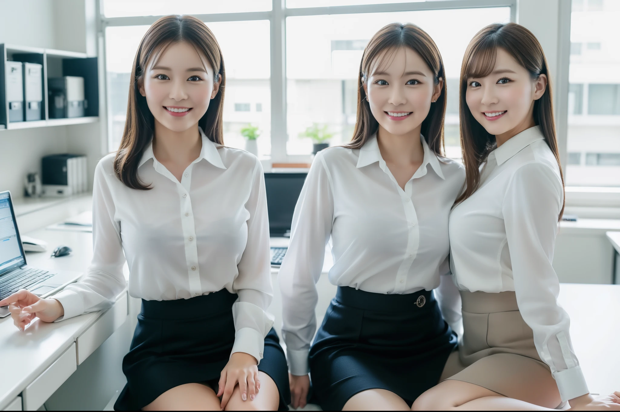 ((Best Quality, 8k, Masterpiecedetails, ultra-high resolution)), (looking at the viewer), (full shot:), attractive business 5 milfs, 5 people, a bit chubby:0.25, white collared shirt, grey skirt, (sitting with cross legs on office desks)), smile, office of CEO,