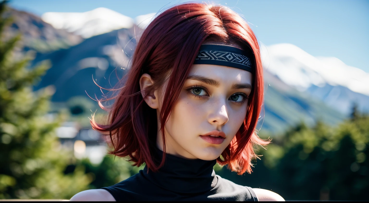 CosmiEyes, British, kallen stadtfeld, blue eyes, headband, ((red hair)), short hair, bandana, sleeveless, sleeveless turtleneck, turtleneck, looking at viewer, (medium breast:1.2), outdoors, park, upper body, detailed face, detailed eyes, beauty, extremely beautiful face