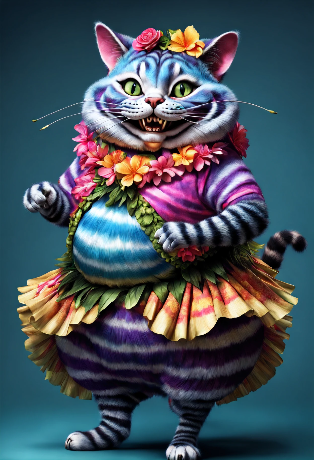 photorealistic portrait of Dressed animals - a fat Cheshire Cat  hula dancer,(dancing), high quality,(lovely) intricate details highly detailed hula costume ,flower lay, studio lighting,(full body image:1.5)