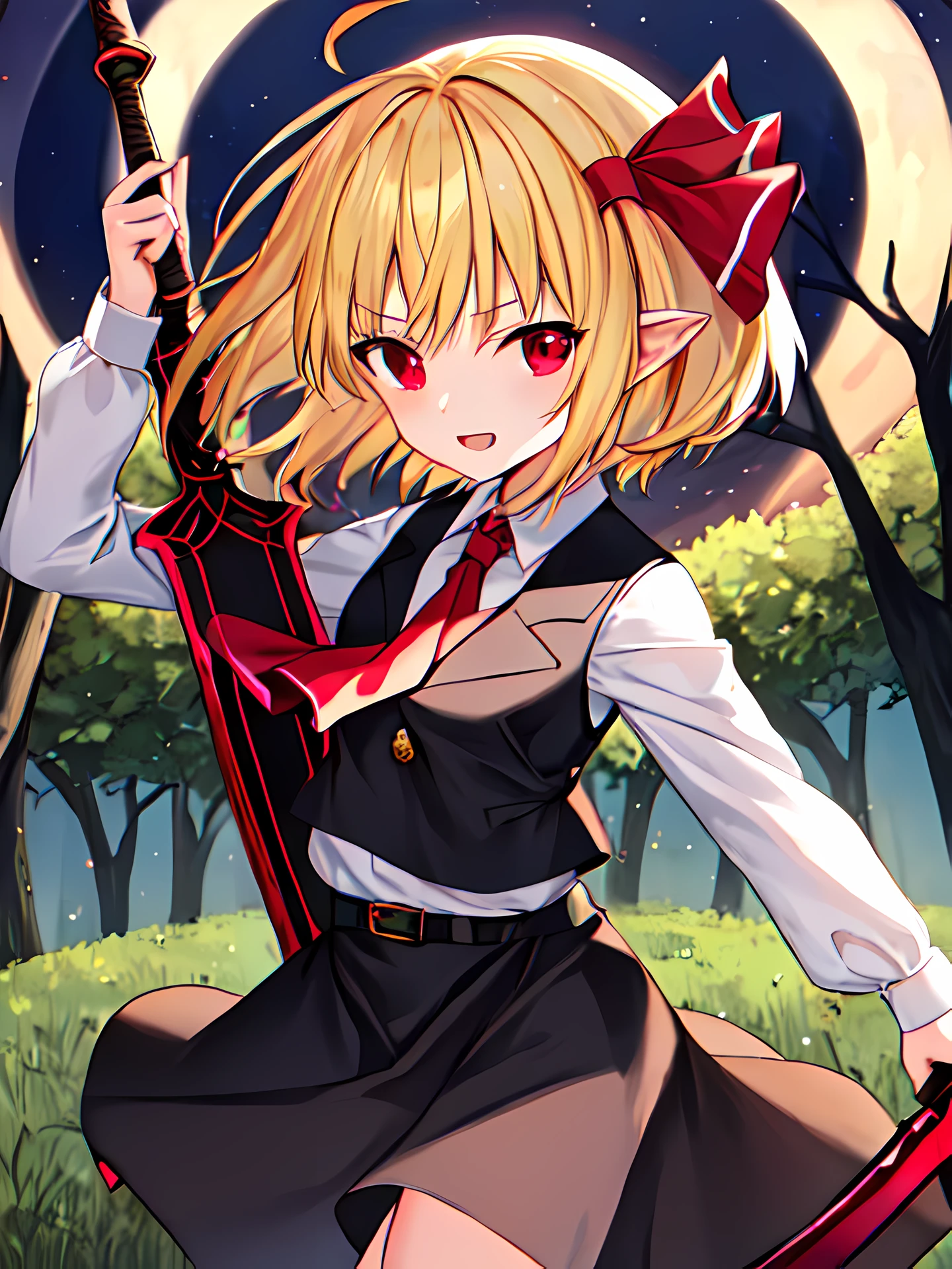 rumia, Gold Hair, Blonde hair, Short hair, (pointy ear:0.3), short ears, Red bow, Red tie, White shirt, Collared shirt, Black vest, Black skirt, Belt bag, Buster Sword, Large sword, Dusk, Twilight, Twilight Forest, evening