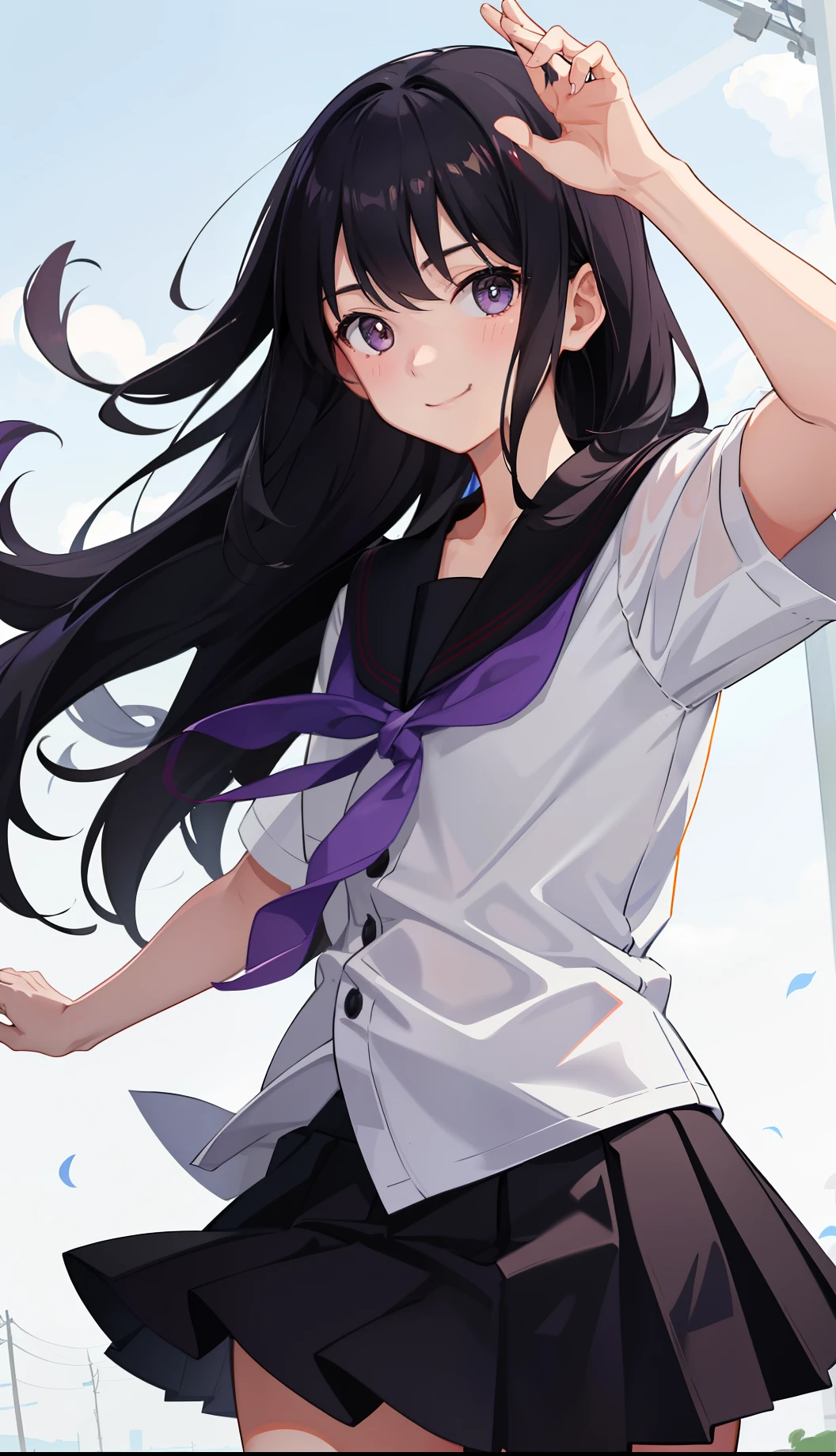 rape blossom field 8-year-old flat chest blhair g hair eyes are purple smile((1 person)) Upper body white long sleeve blouse Lower body navy blue miniskirt white panties rape blossom fieldの前の道でしゃがんでいる spread your legs a little((I can see white panties)) dynamic angle Low - Angle
