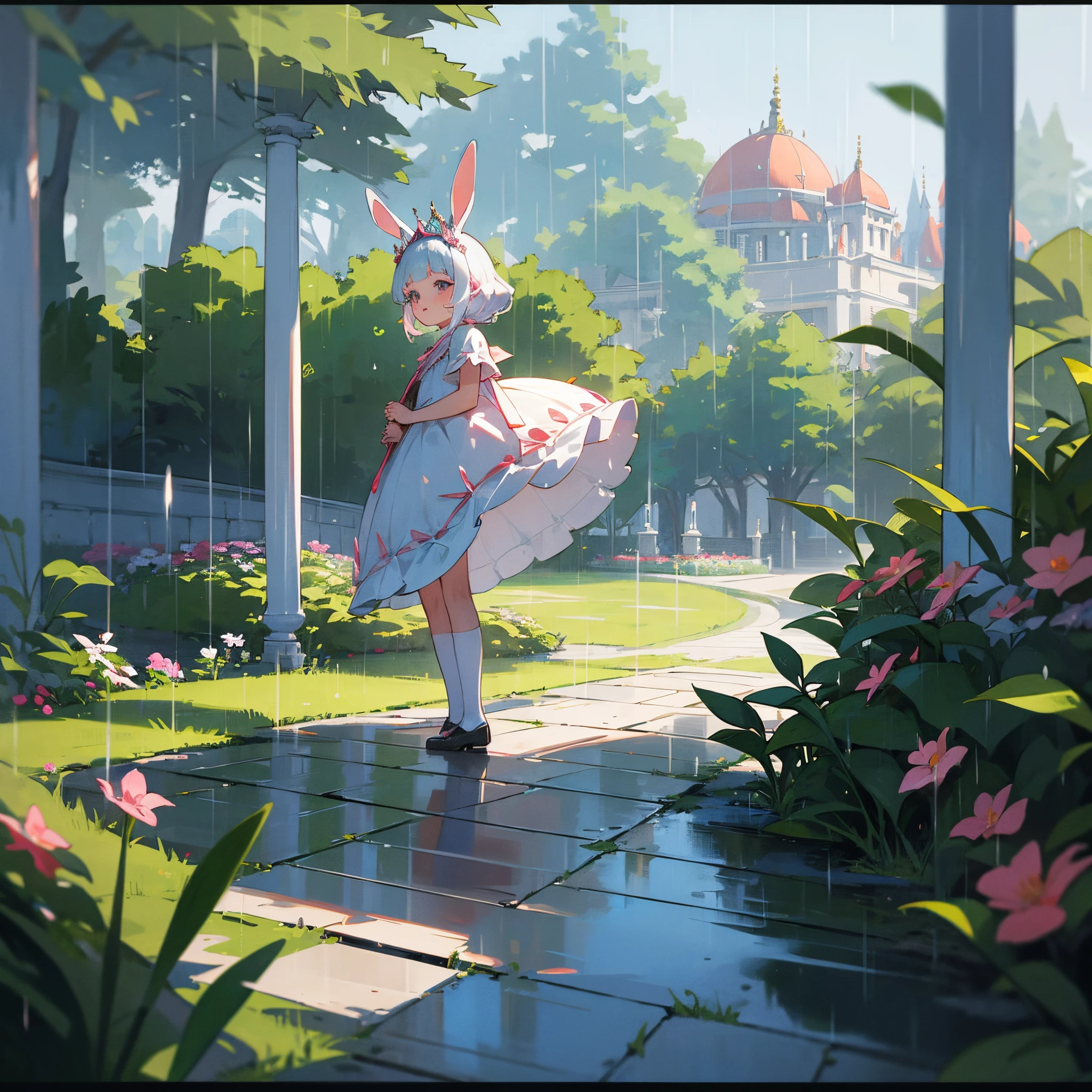 child princess, bunny ears, palace, garden, rain