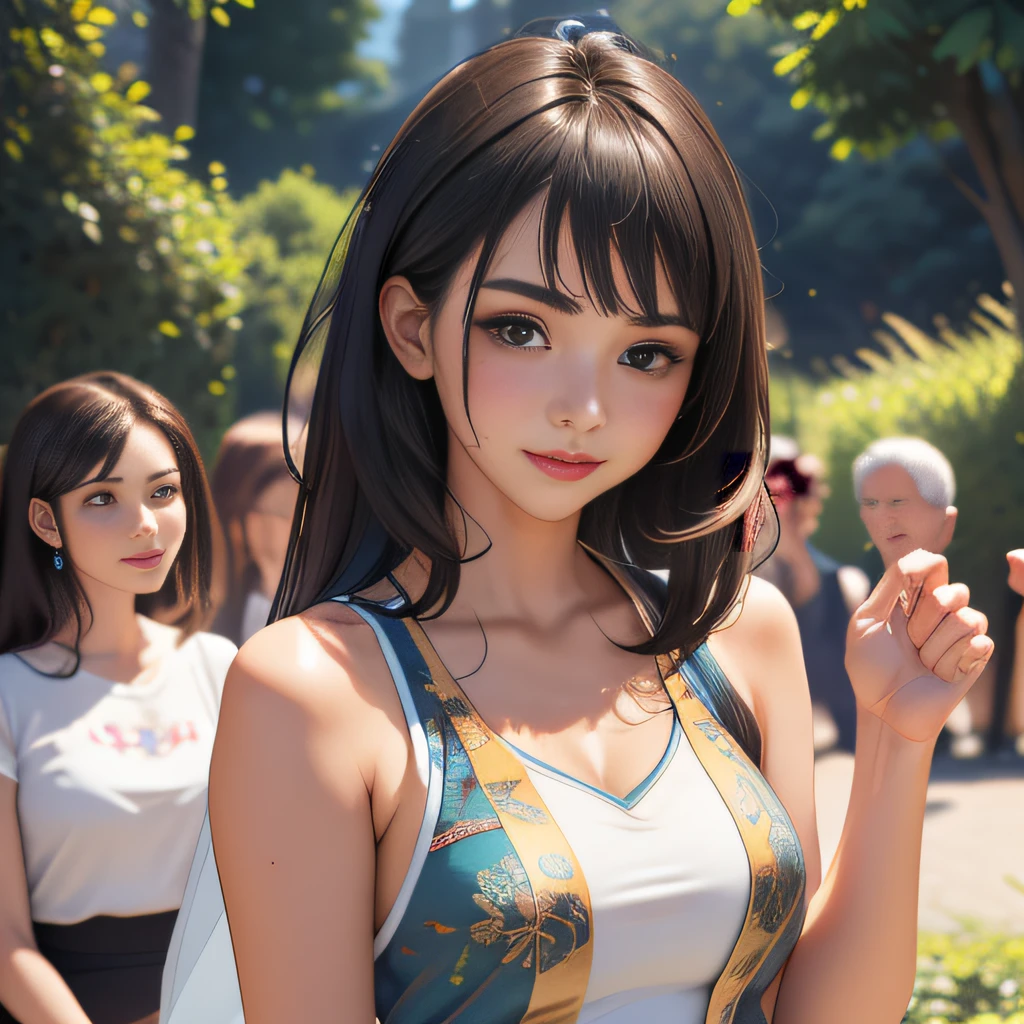 (extremely detailed 8K wallpaper:2), (photo:2), (25 years old Xuan Beautiful girl:2), (gives a lecture to friends:2), Detailed (Face & Eyes), (hyper realistic:1), (Highly detailed:1), (Epic Realistic:1), rim light, (Maximum details:1), Cosy, (body complet:1.3), (looking a viewer:2), (Attractive qualities of a woman:2), (attractive female:2), (Attractive:2), Smile, intelligence, sympathy, Grace, A sense of style, Fitness, Care, optimism, (sensitivity:2), frankness, Romantic gestures, playfulness, Fashion Sense, (sensuality:2), charm, modesty, Thoughtfulness, (femininity:1), flirtatiousness, warmth, (Physical Attractiveness:2), beautiful smile, Love of Life, Strength and power, Vulnerability, curiosity, wonder, Love, (Nature's prehistory:2), Kawaii, waifu, beautiful breasts, (attractive body:2), (handsome body:2), BEAUTIFUL POSE, attractive pose, (nice feet:1.0), (beautiful clothing:1), (Classic clothes:2), (elegant clothing:2), (European Clothing:2), detailed clothes, (upskirt:1), (blouse:1), (provocative pose)