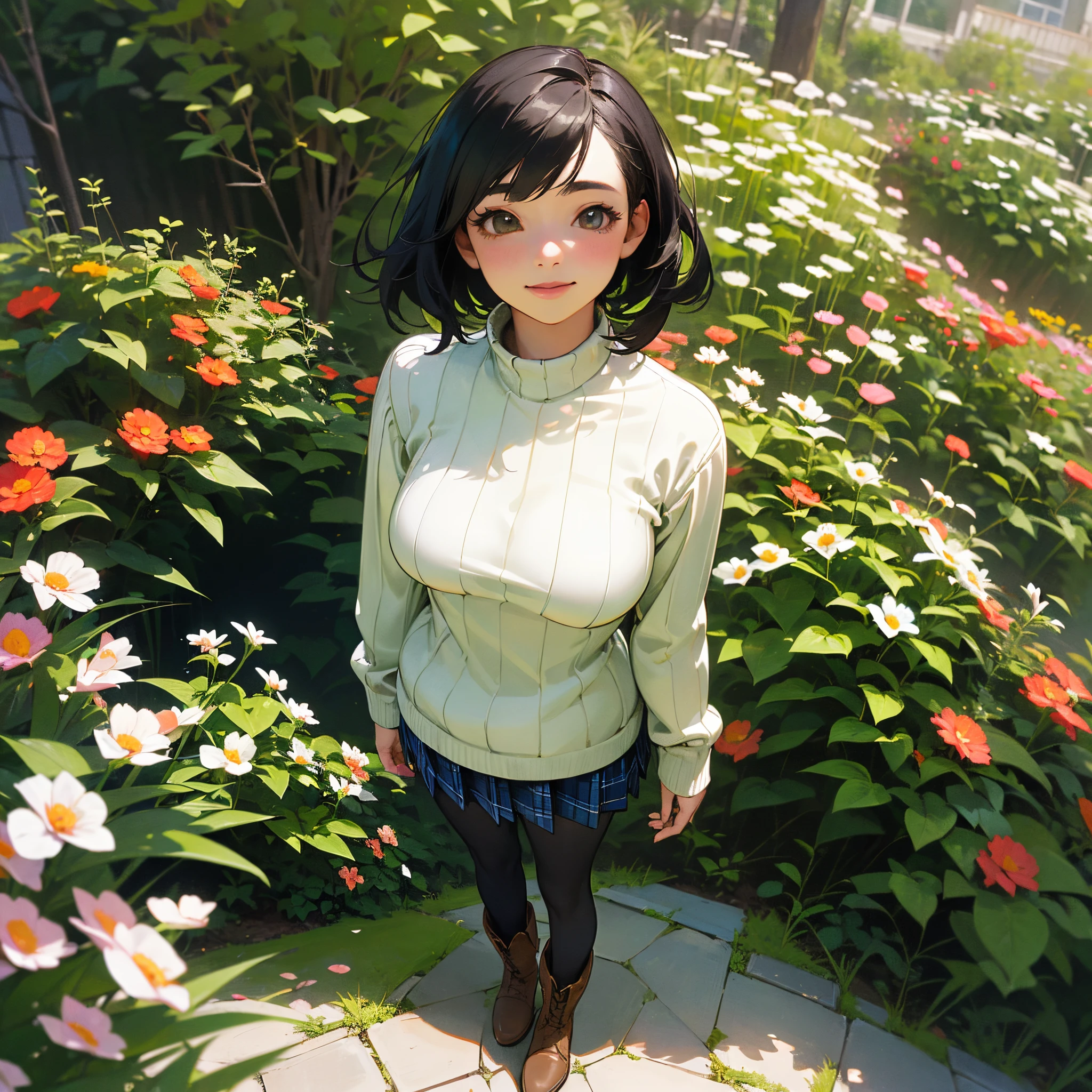 (High quality, High resolution, Ultra-detailed, Realistic:1.37), peaceful ambiance, (plein air, garden), Teenage girl standing alone, (My breasts are big.), Beautiful detailed features, Cute smile, (Black bob hair), Ribbed sweater, blue plaid skirt, Black tights, Brown boots.