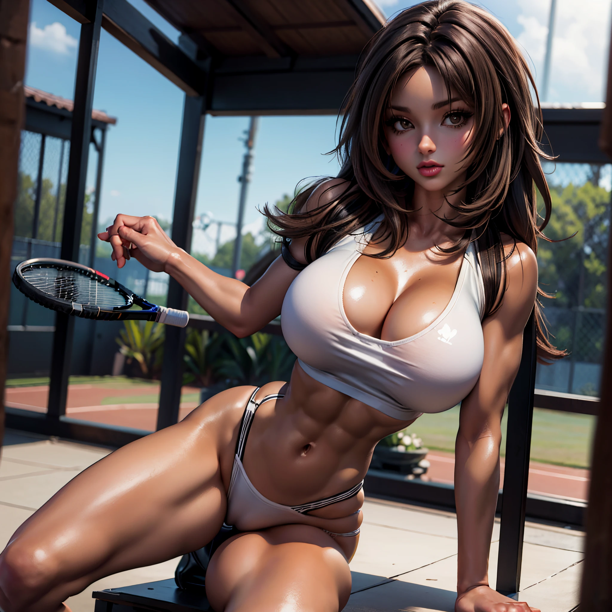 A tennis player, (master part, melhor qualidade), 1girl, beautiful face, decote, (NSWF), (fino grosso), body curvy, (magro), (peitos enorme