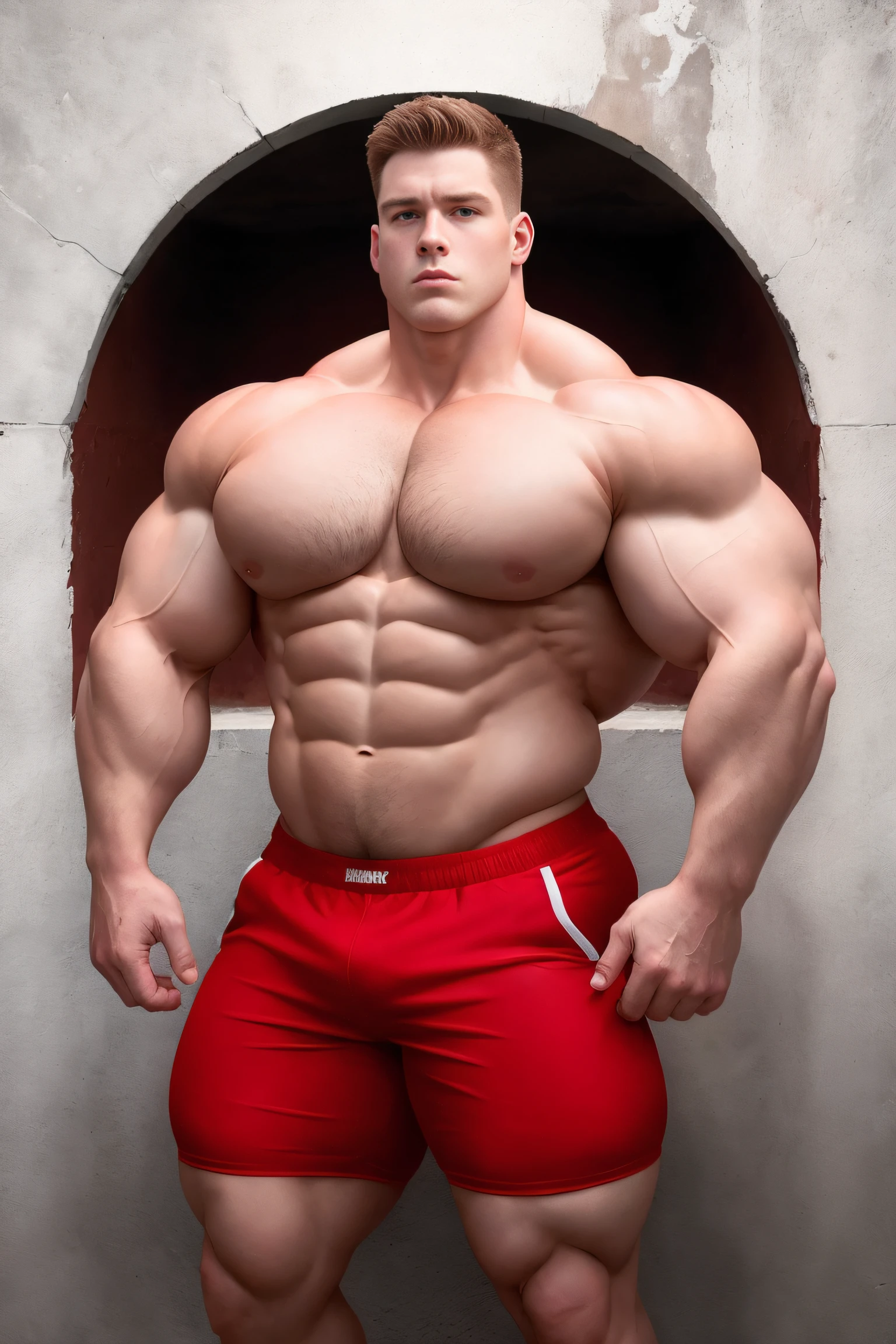 30 years old man, Vestida con pantalones cortos rojos posando para una foto frente a una pared., hombros desnudos de culturista, huge muscles, 295 libras, Contornos definidos, simetry; fotorrealista, rostro definido con proporciones perfectas, (cara cuadrada) aire intimidante, Corte de pelo militar, brown hair, Foto hiperrealista, cavernoso, POTRO, transhumano.