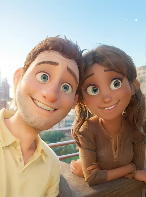 Arafed man and woman posing for a photo on a balcony., 30-year-old French woman with blue eyes and dark skin., 30-year-old man with white skin and light brown eyes., Thomas Danthony y Malika Favre, 8k selfie photograph, Pareja feliz, pareja sonriente, Foto de vacaciones, on a balcony, en una azotea, both smiling for the camera, por Romain brook, Jordan Grimmer y Natasha Tan