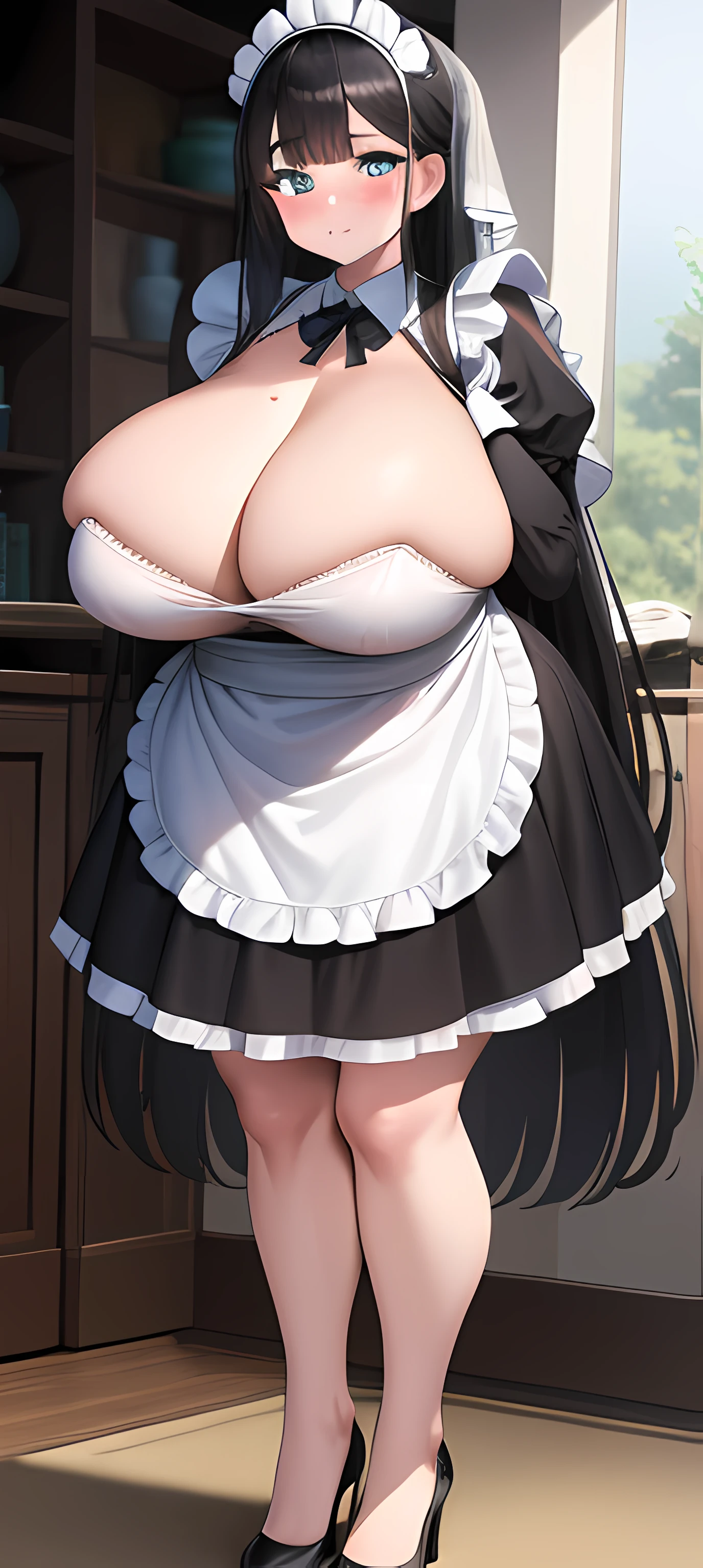 realistic, 1girl, black hair, very long hair, wear bride veil, straight hair, blunt bangs, (beautiful eyes), blush, ((((white maid dress, fully clothed)))), ((big breast)), maid headband, white hand gloves, high heels, ribbon, indoor, staring at viewer, lipstick, closed mouth, bare foot, sfw, very big breast, [big belly], covered belly, thicc girl, standing, fat girl, obese girl, smile